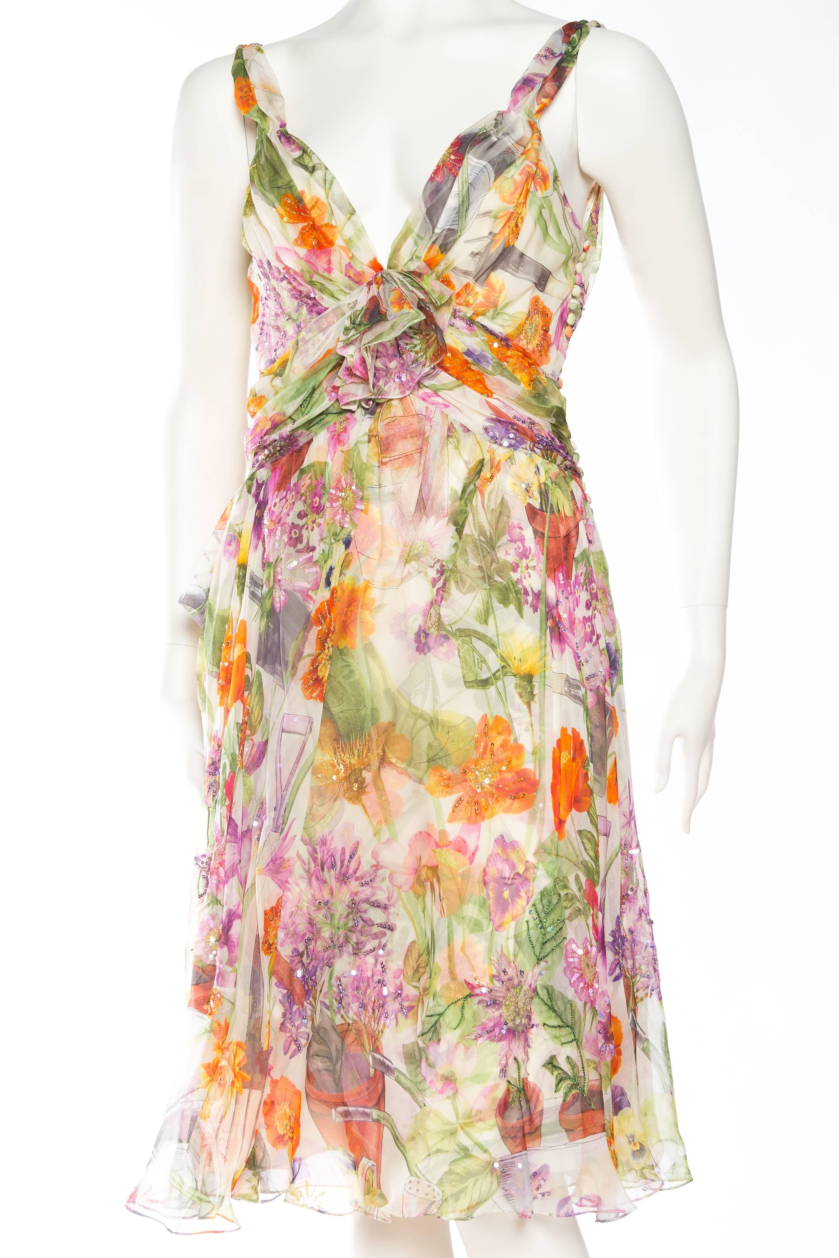 1990S JOHN GALLIANO CHRISTIAN DIOR Pastel Floral Silk Chiffon Backless Beaded Garden Cocktail Dress