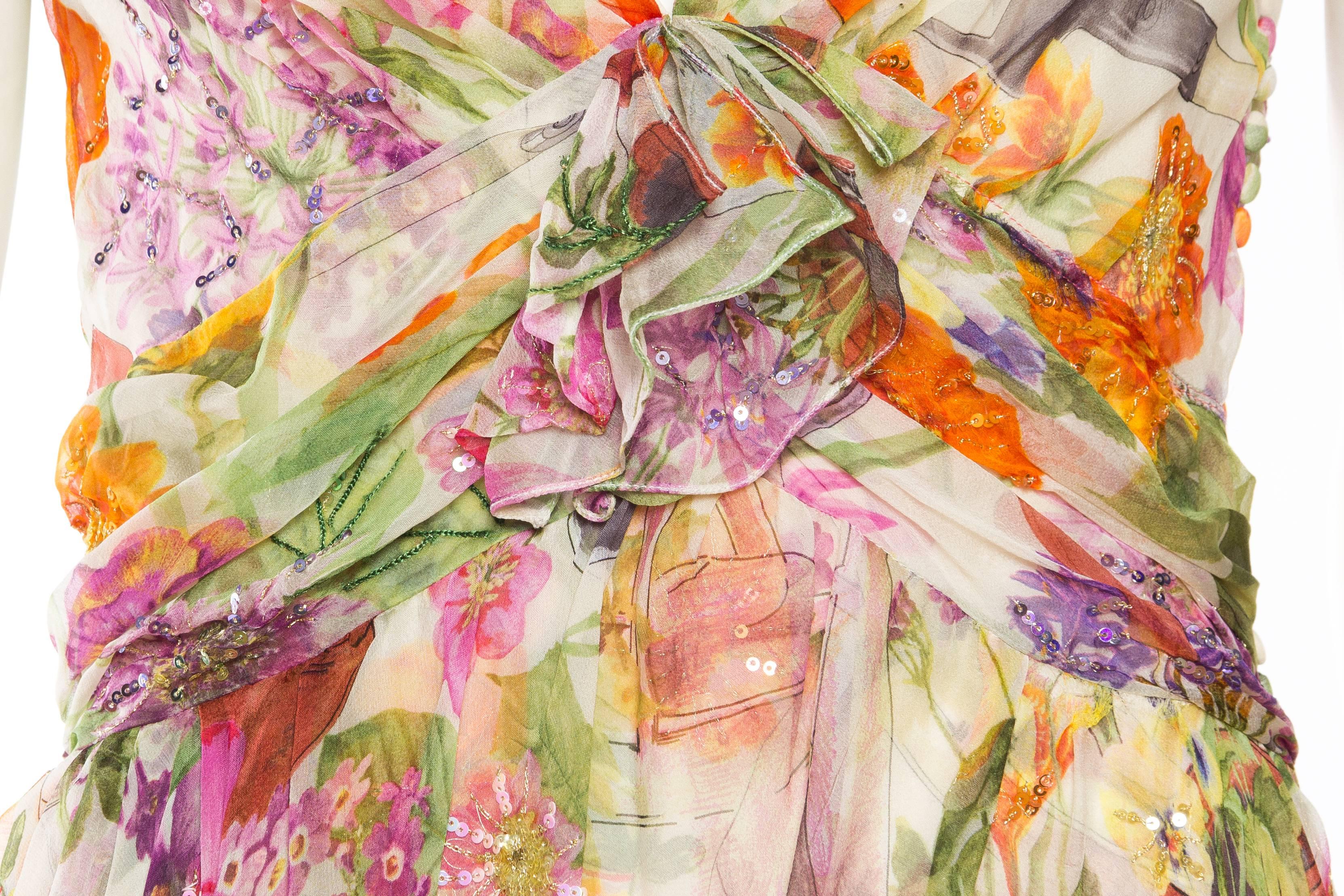 Women's 1990S JOHN GALLIANO CHRISTIAN DIOR Pastel Floral Silk Chiffon Backless Beaded G