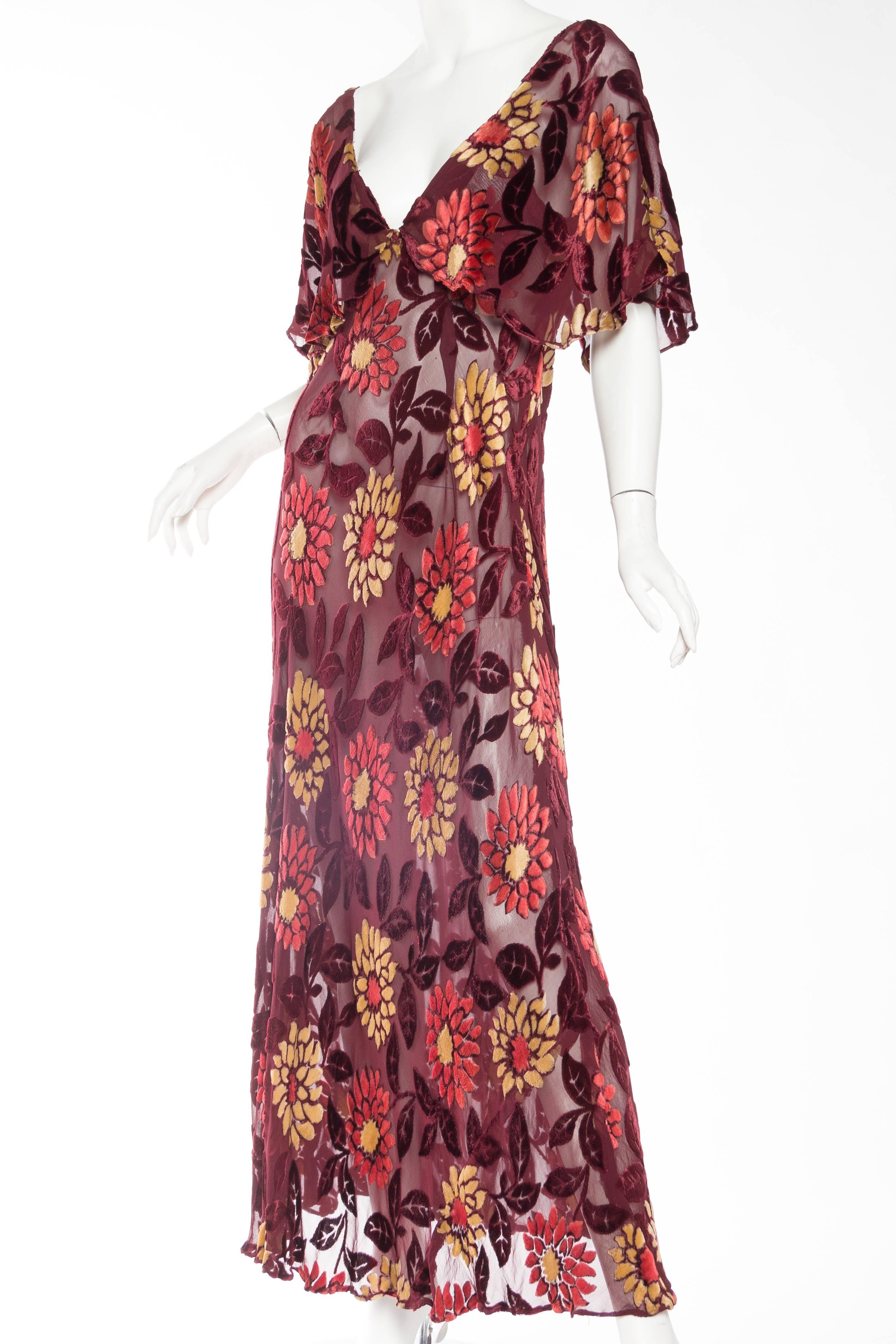 1930s Sheer Bias Cut Silk Burnout Velvet and Chiffon Dress In Excellent Condition In New York, NY