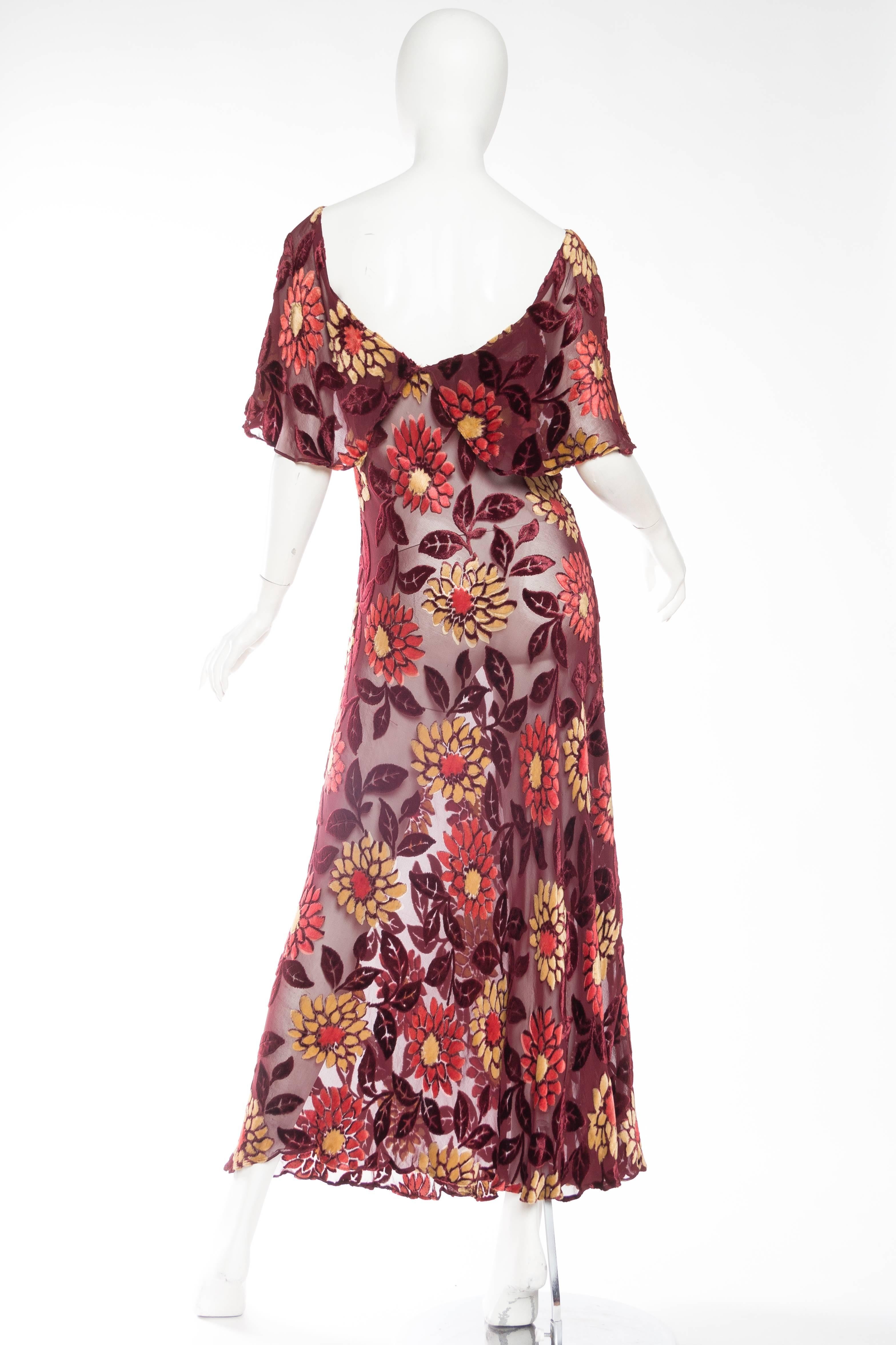 Women's 1930s Sheer Bias Cut Silk Burnout Velvet and Chiffon Dress