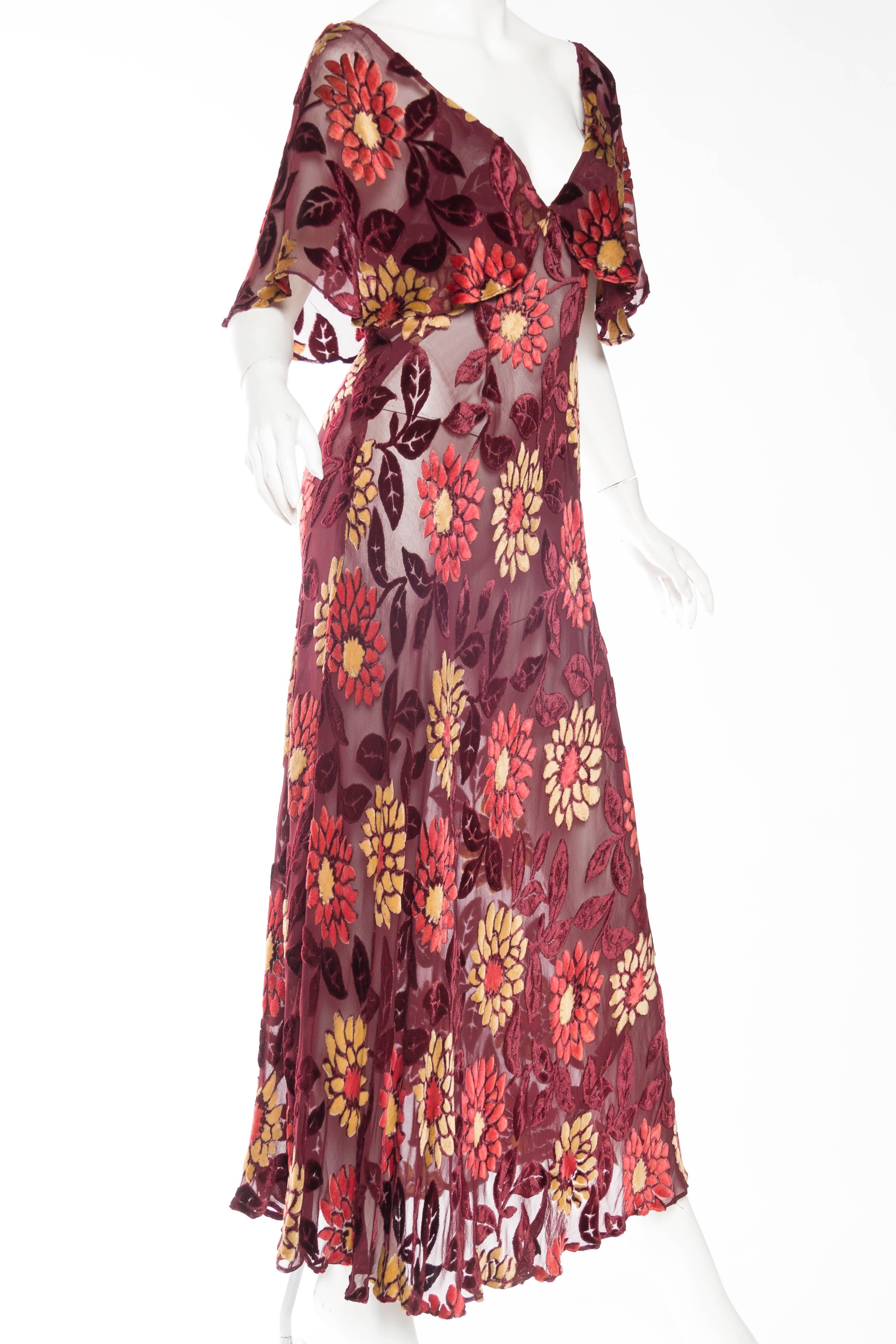 Brown 1930s Sheer Bias Cut Silk Burnout Velvet and Chiffon Dress