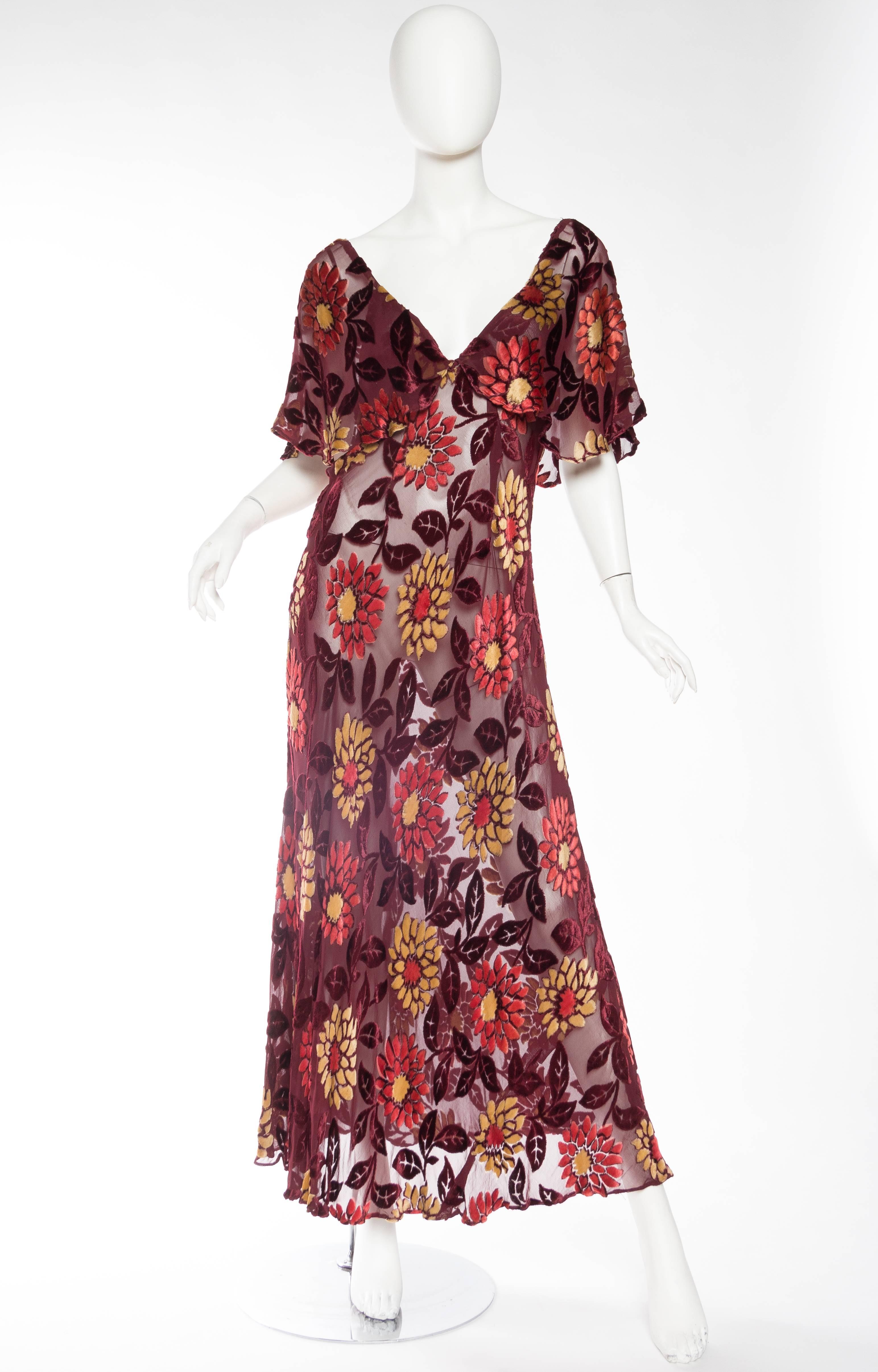 1930s Bias Cut Silk Burnout Velvet and Chiffon Dress