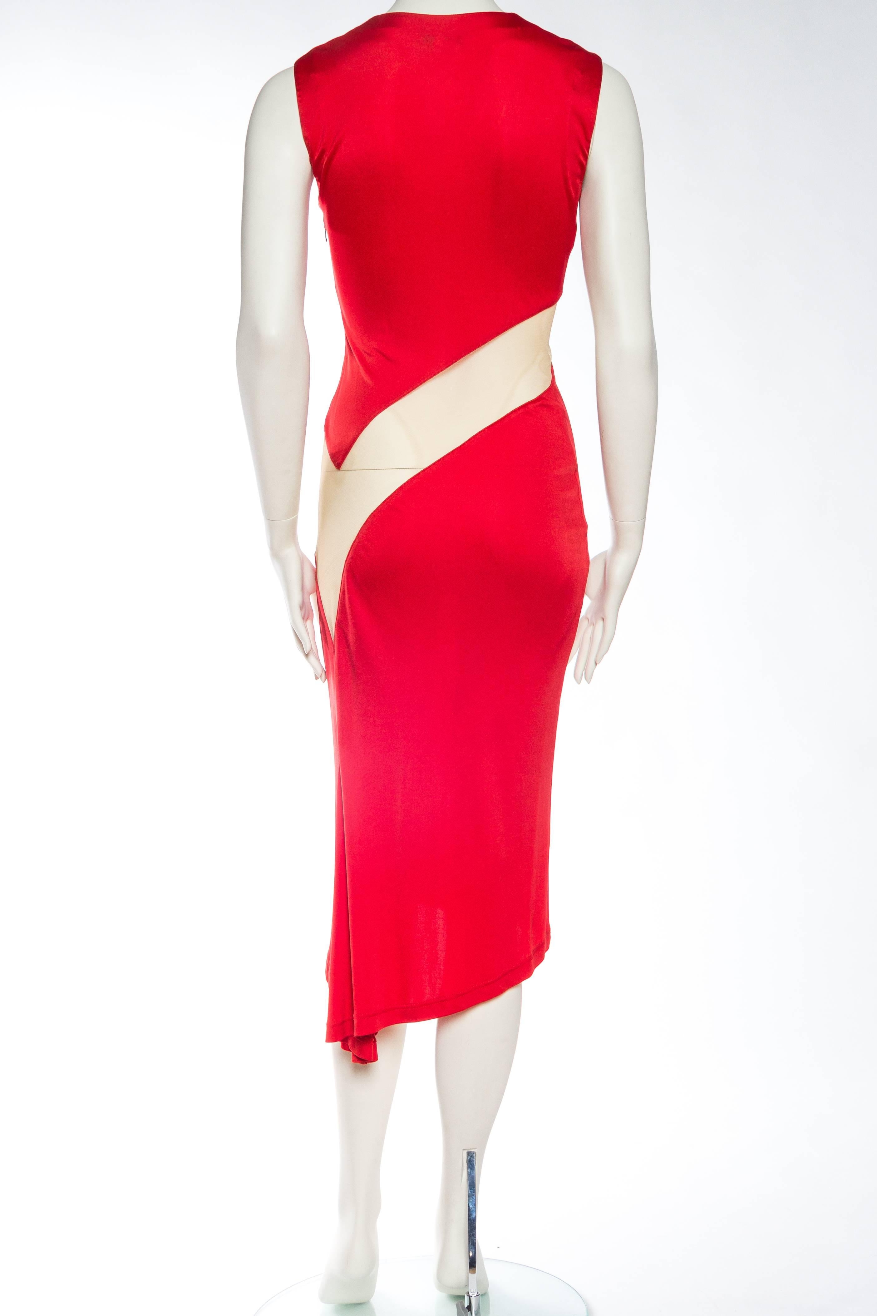 1990S ALEXANDER MCQUEEN Blood Red Acetate Jersey Nude Illusion Paneled Dress Fr In Excellent Condition For Sale In New York, NY