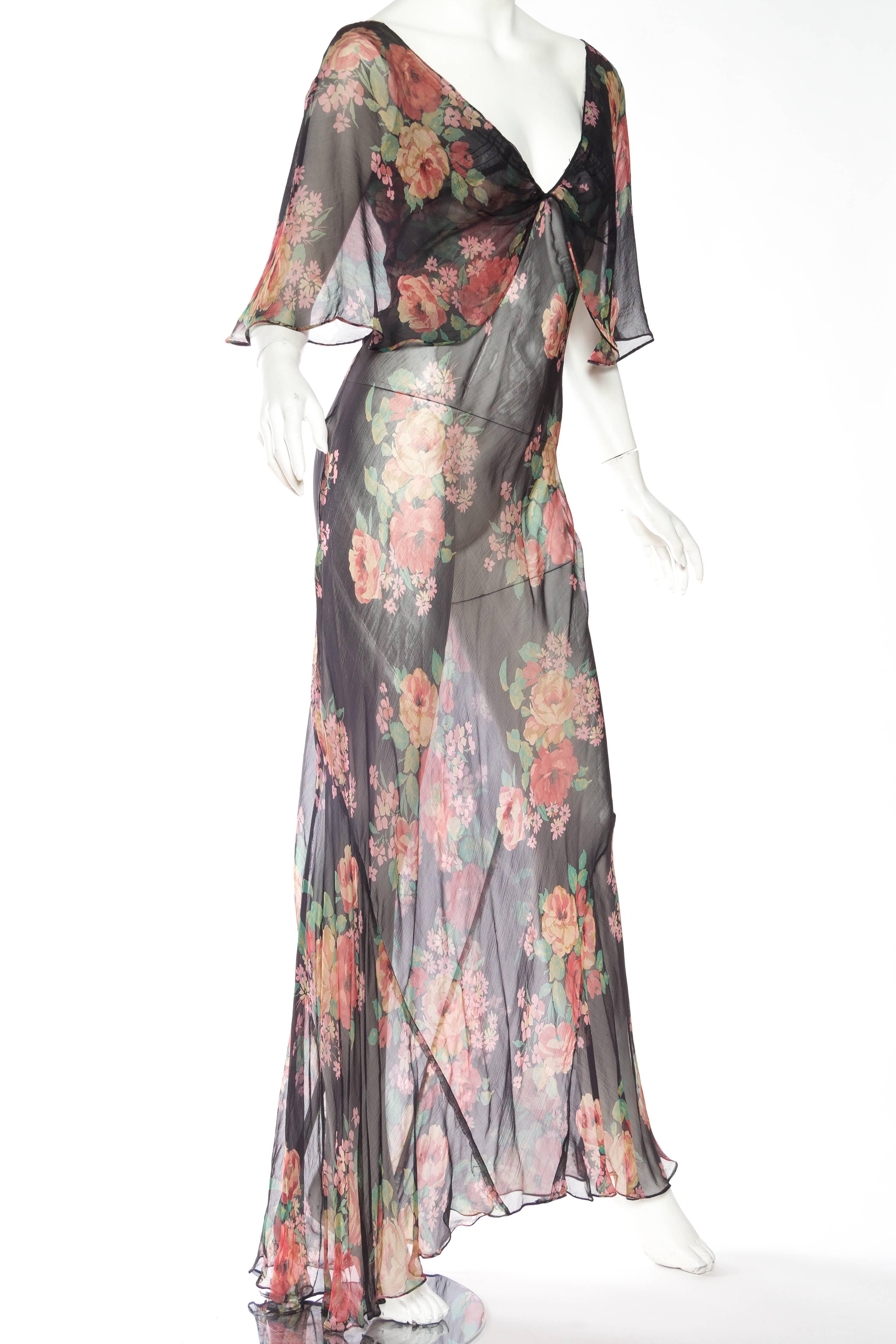 Women's Sheer and Sexy Original 1930s Bias-Cut Floral Silk Chiffon Dress