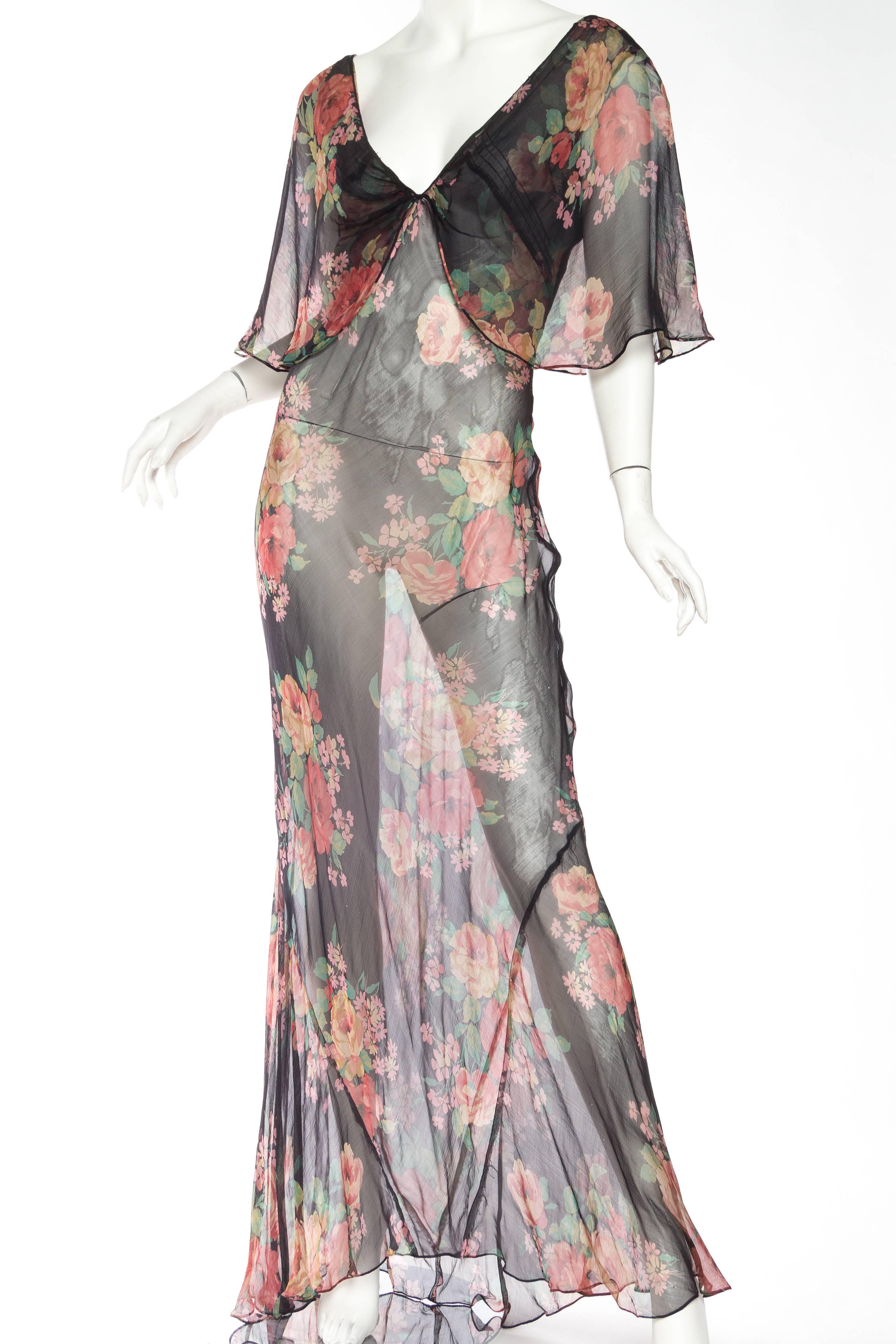 Sheer and Sexy Original 1930s Bias-Cut Floral Silk Chiffon Dress 1