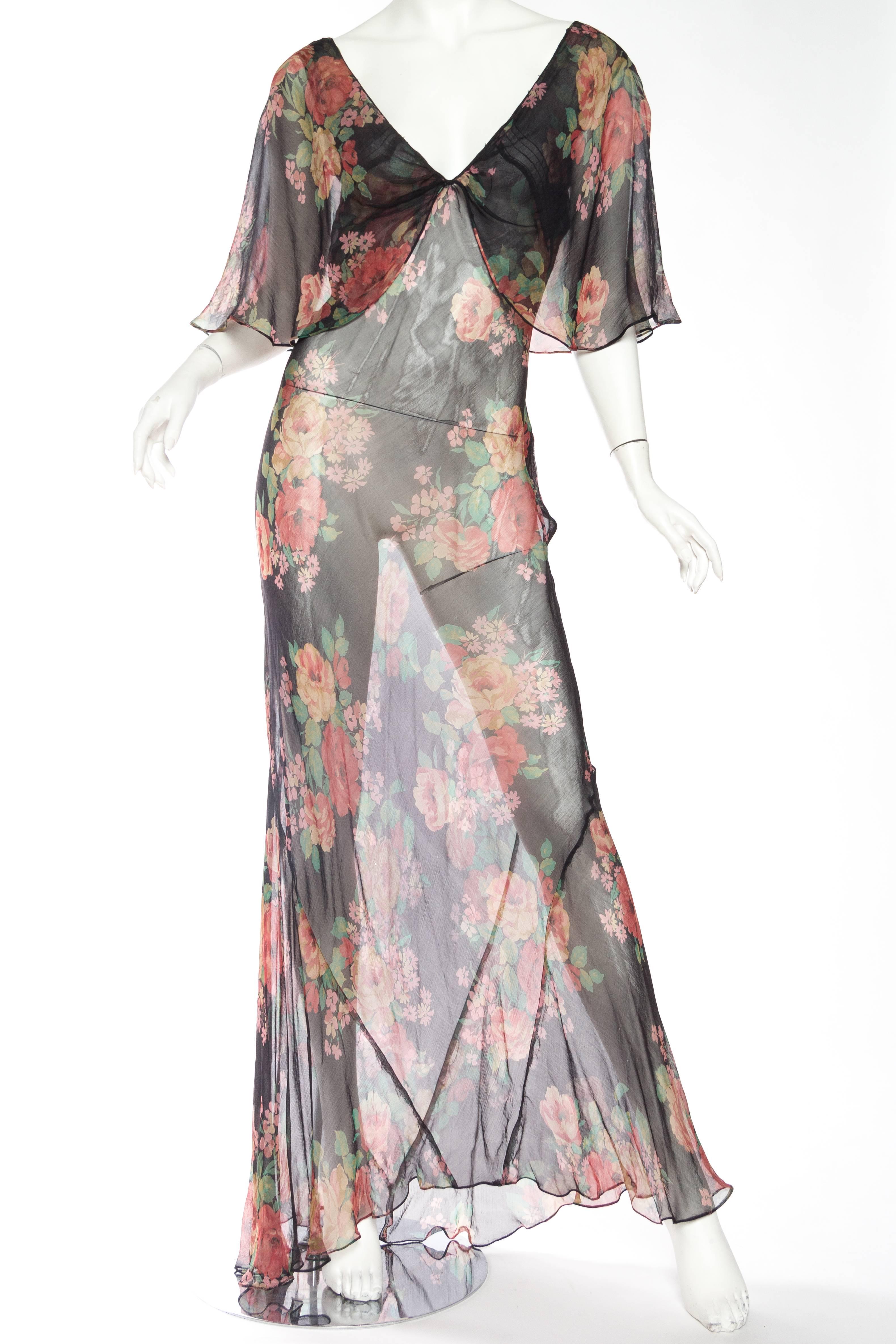 Gray Sheer and Sexy Original 1930s Bias-Cut Floral Silk Chiffon Dress