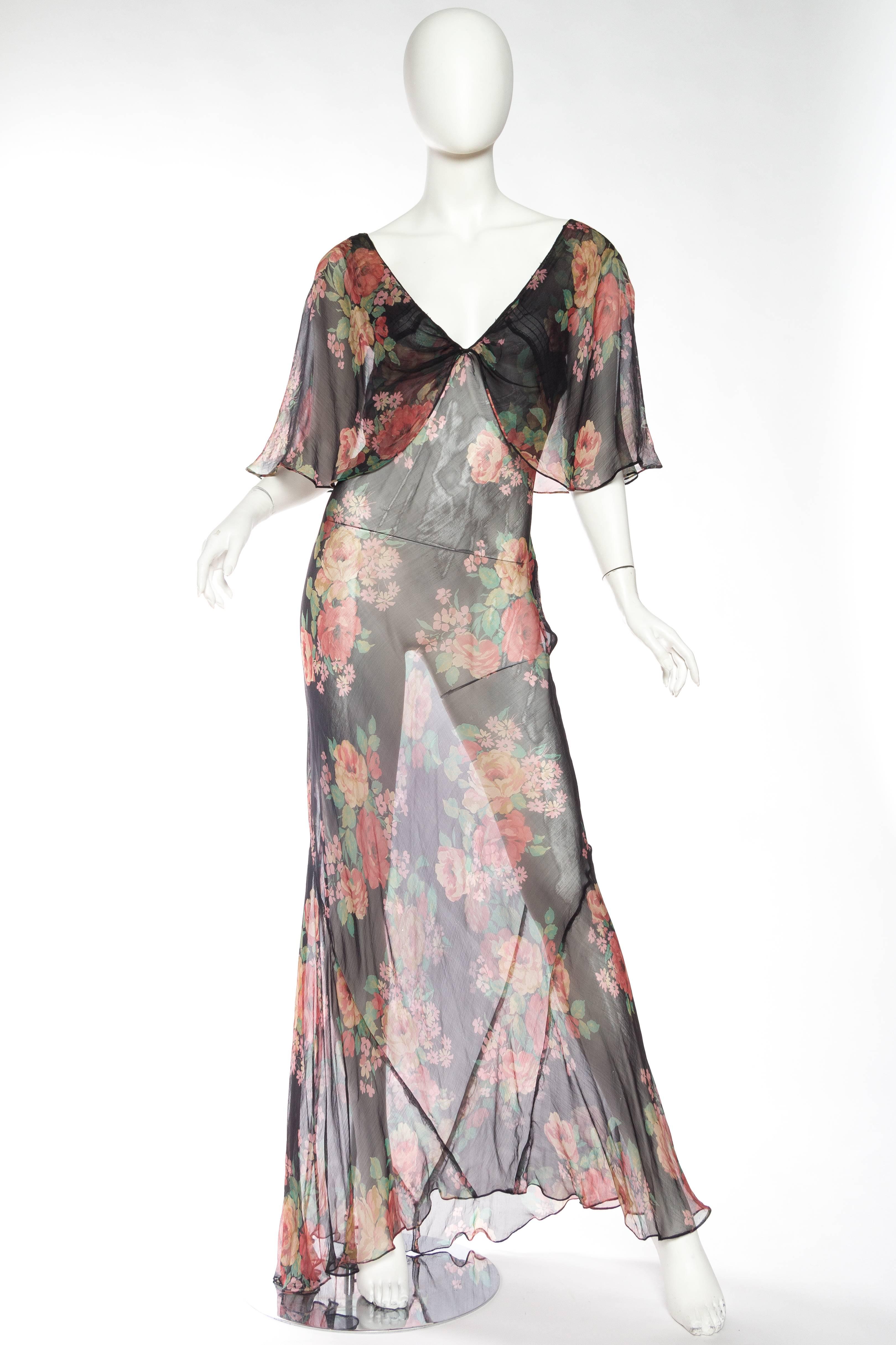 Sheer and Sexy Original 1930s Bias-Cut Floral Silk Chiffon Dress In Excellent Condition In New York, NY