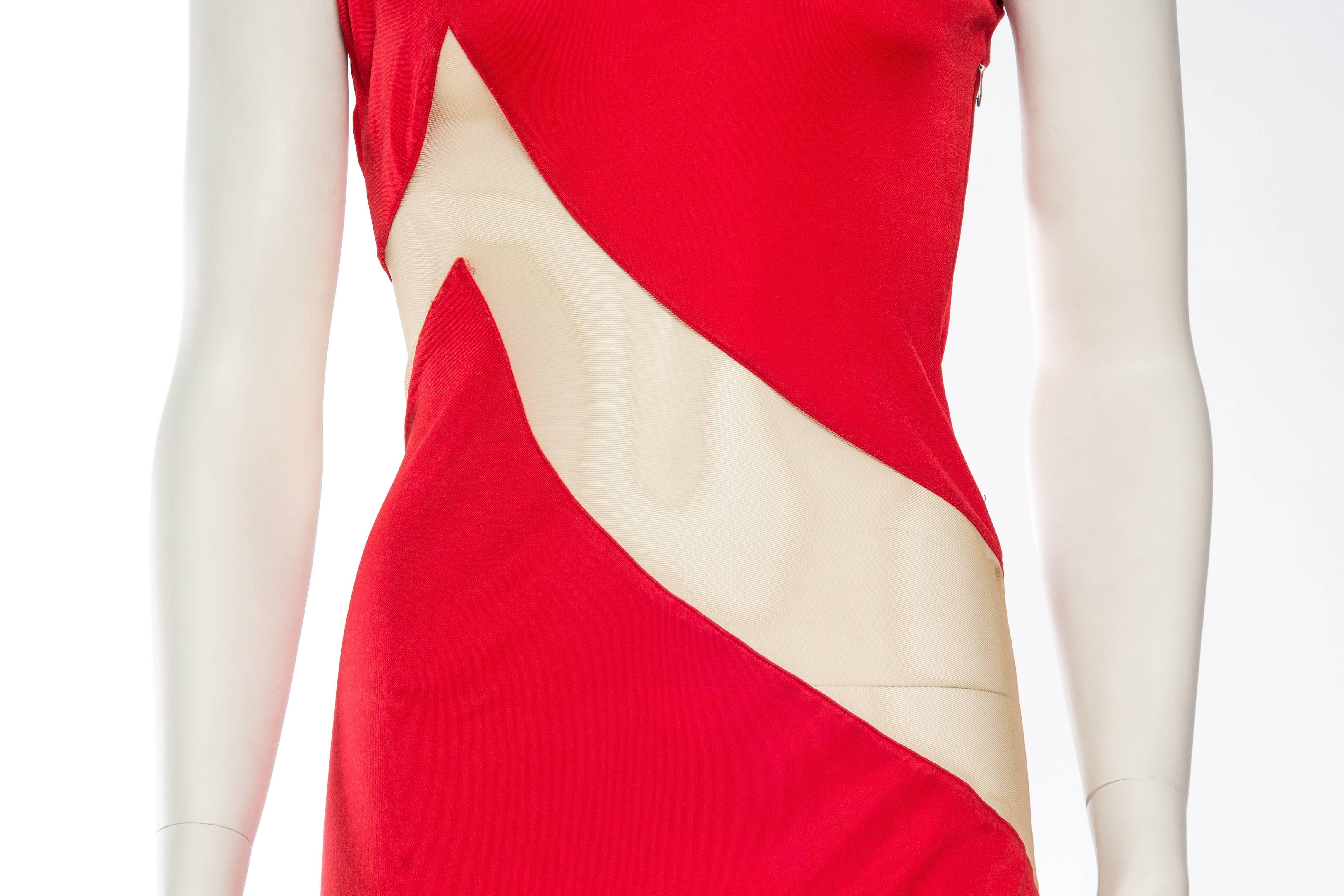 Women's 1990S ALEXANDER MCQUEEN Blood Red Acetate Jersey Nude Illusion Paneled Dress Fr For Sale