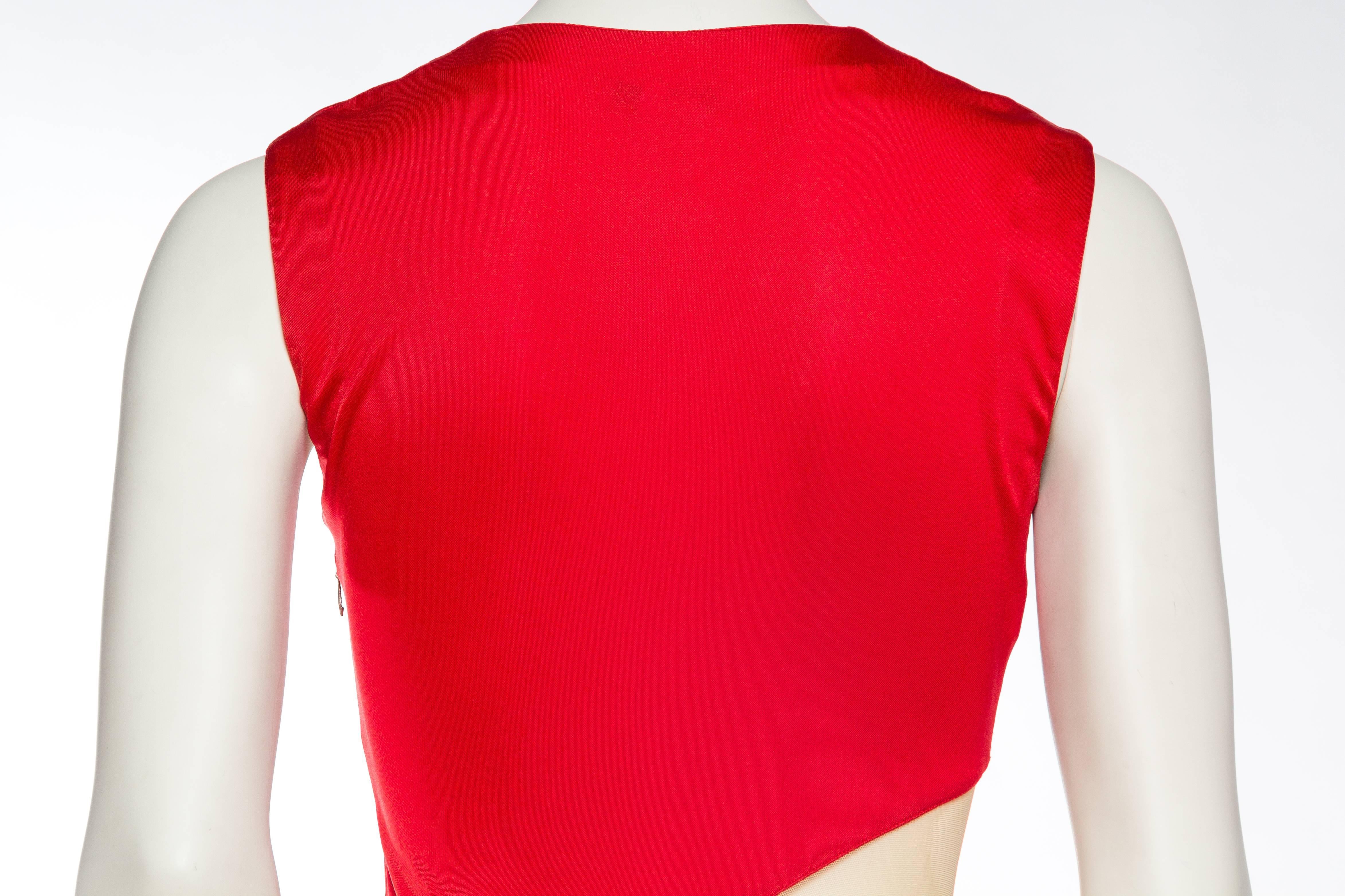 1990S ALEXANDER MCQUEEN Blood Red Acetate Jersey Nude Illusion Paneled Dress Fr For Sale 1