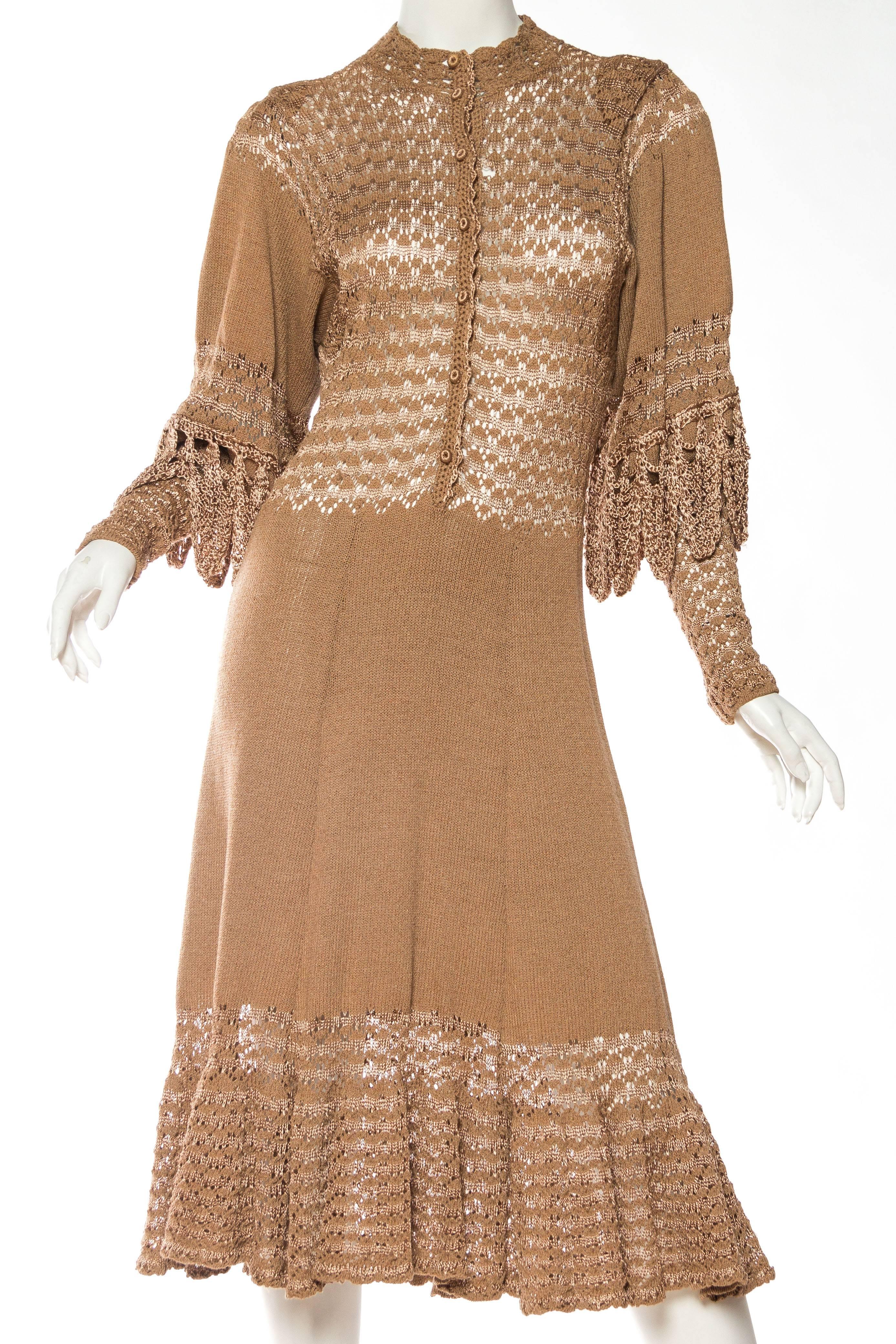Brown 1970s Victorian Revival Knit Dress