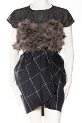 1990S GEOFFREY BEENE Black & Grey Silk Feathers Cocktail Dress