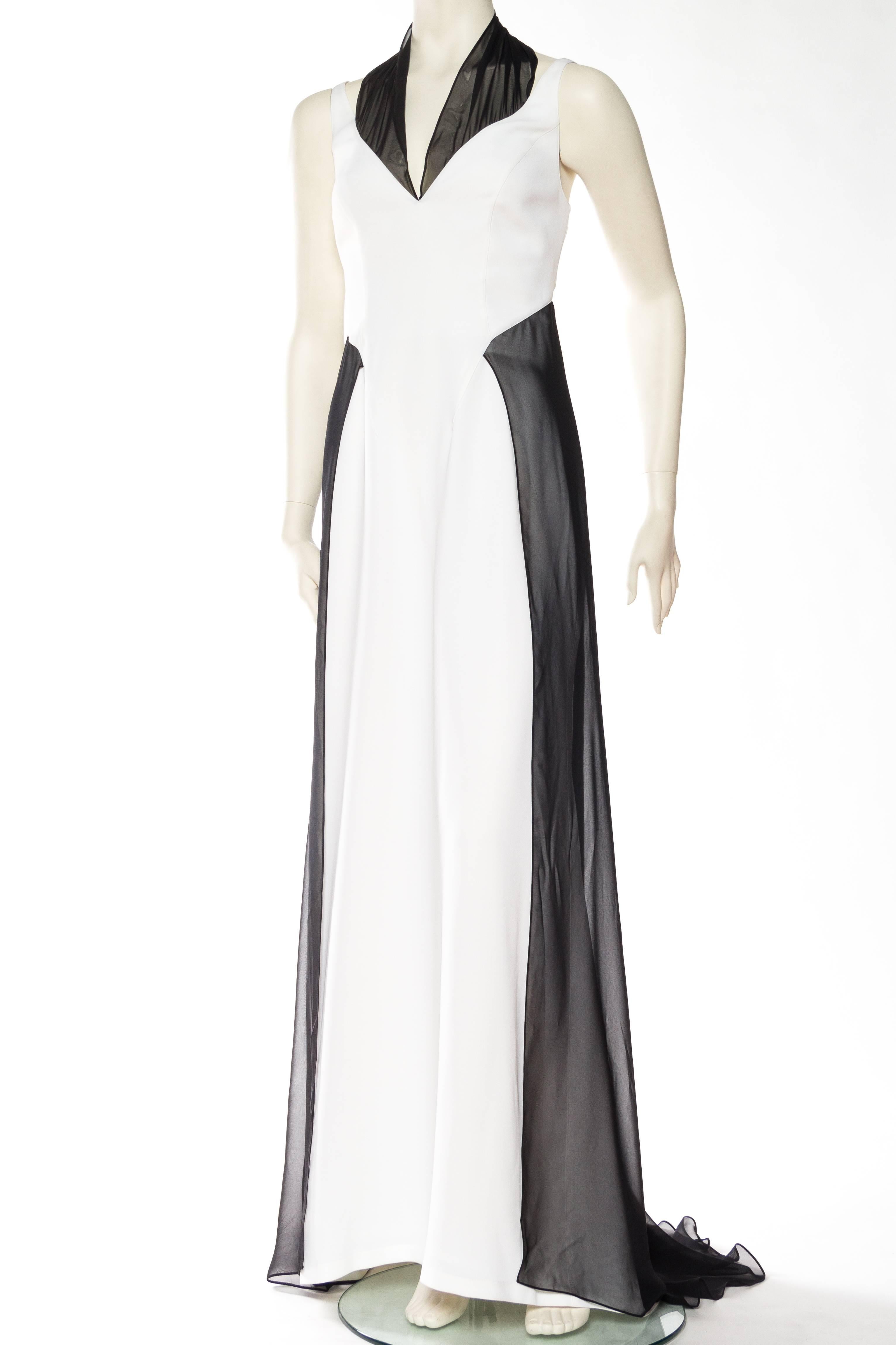 Tagged a European size 44 1980S THIERRY MUGLER COUTURE White Silk Blend Crepe Backless Gown With Black Chiffon Overlay & Train 