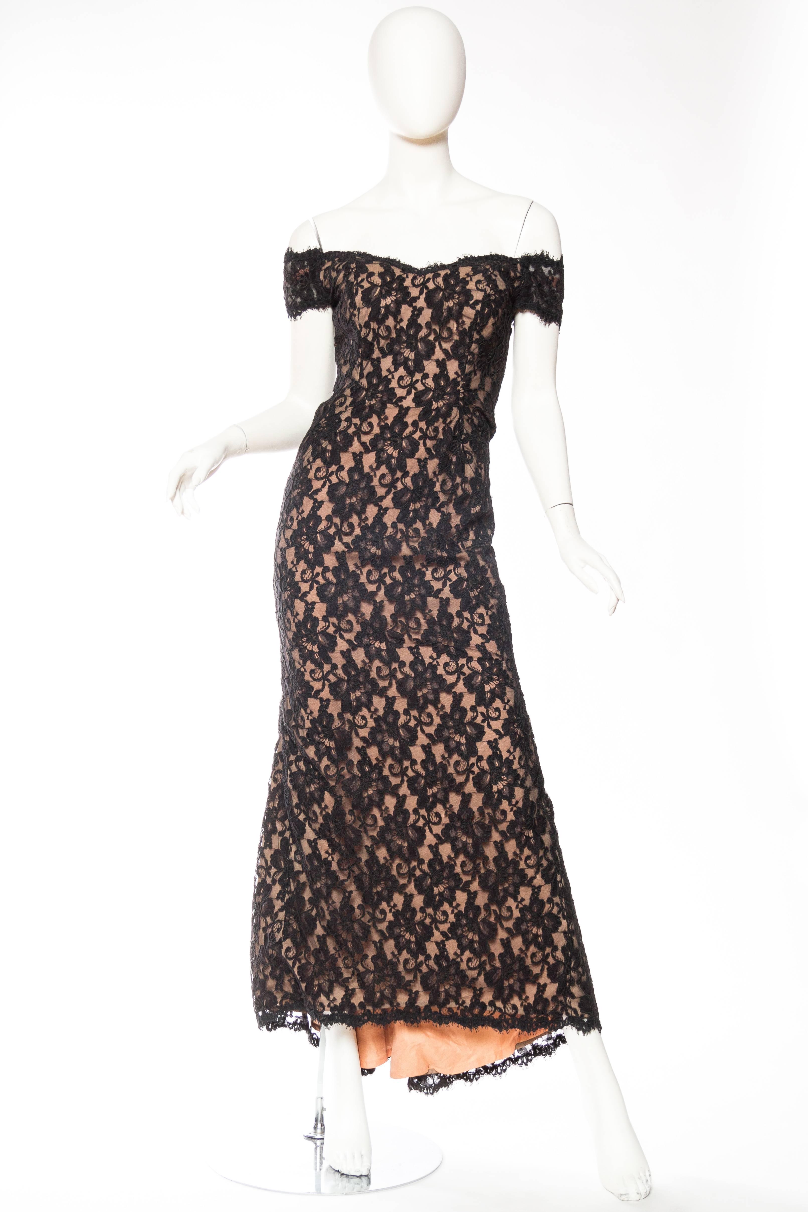1980S VICTOR COSTA FOR I. MAGNIN Black Poly/Rayon Lace Off The Shoulder Gown Wi In Excellent Condition In New York, NY