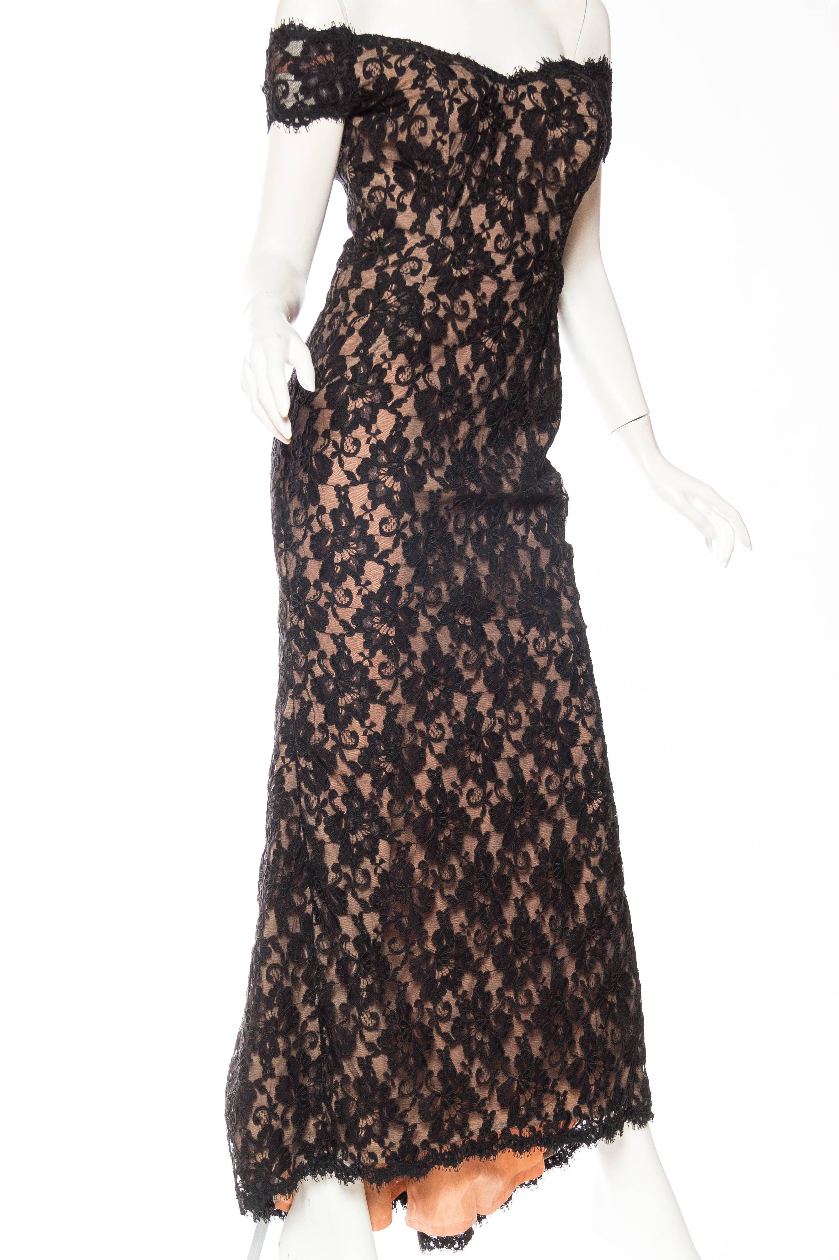 Women's 1980S VICTOR COSTA FOR I. MAGNIN Black Poly/Rayon Lace Off The Shoulder Gown Wi