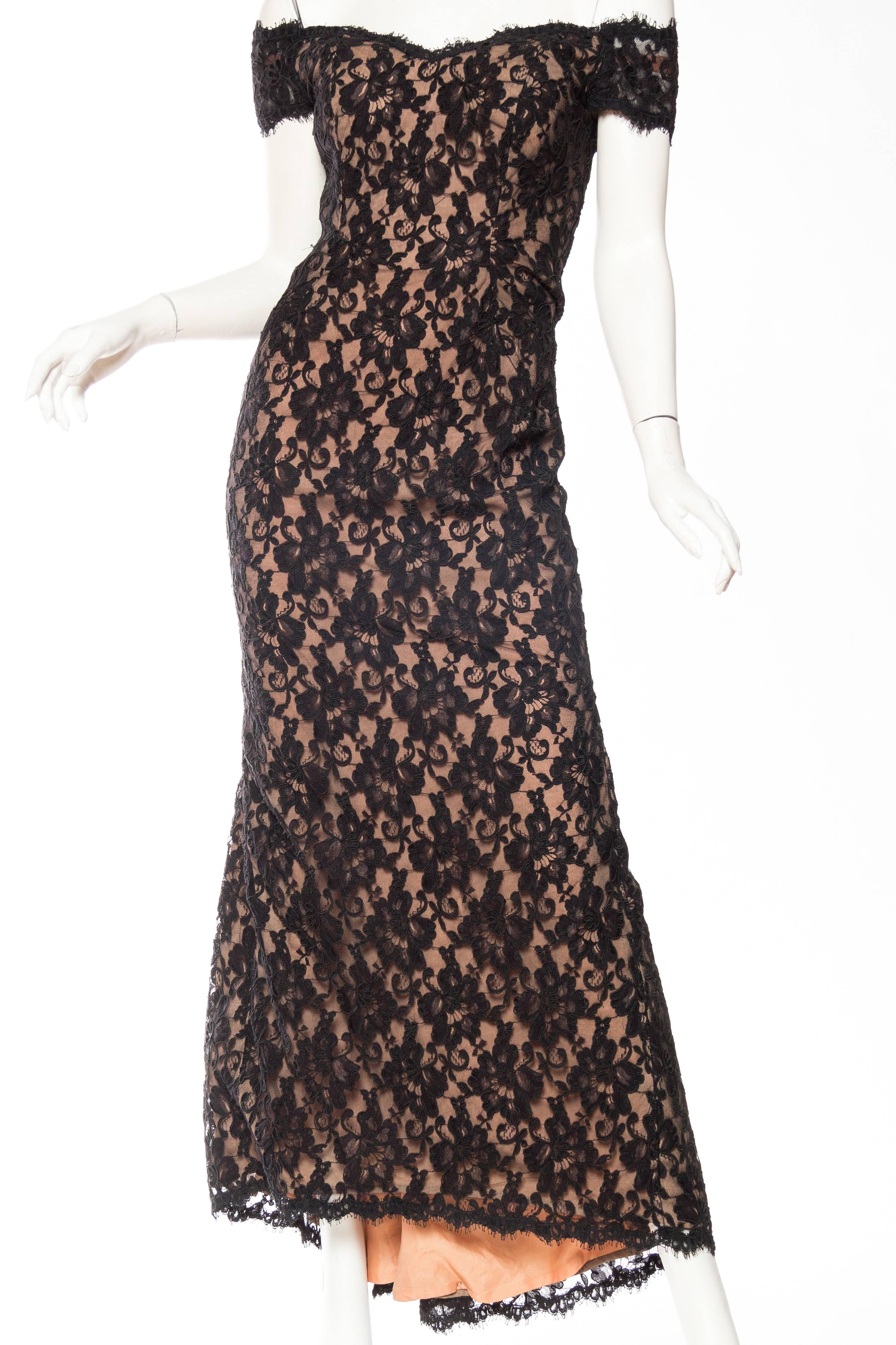 1980S VICTOR COSTA FOR I. MAGNIN Black Poly/Rayon Lace Off The Shoulder Gown With Slight Train