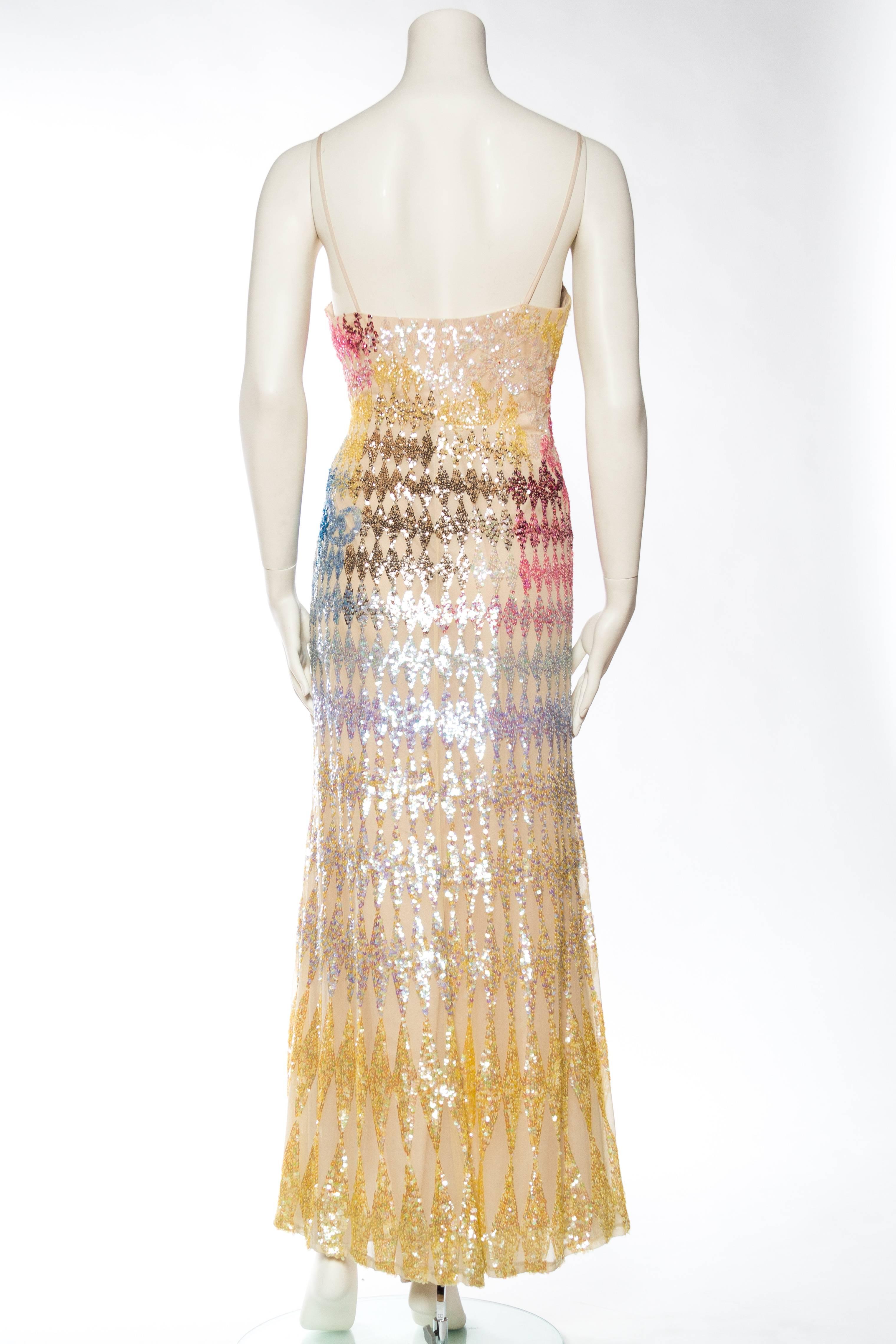 Beige 1970s Versace Style Hand Sequined Gown 