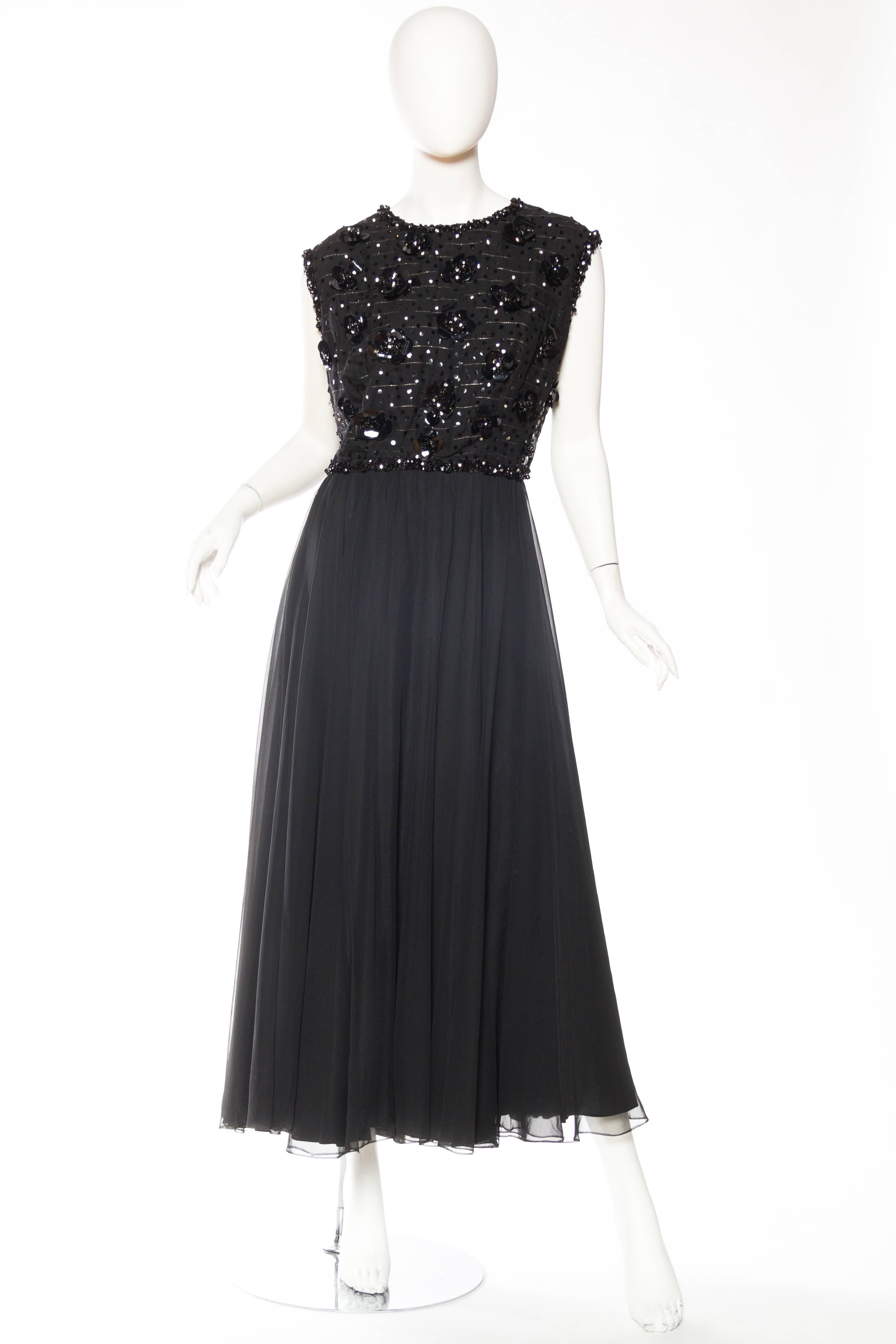 Fully lined in silky rayon 1960S RUTH MCCULLOCH Black Polyester Chiffon Crystal Beaded Dress 