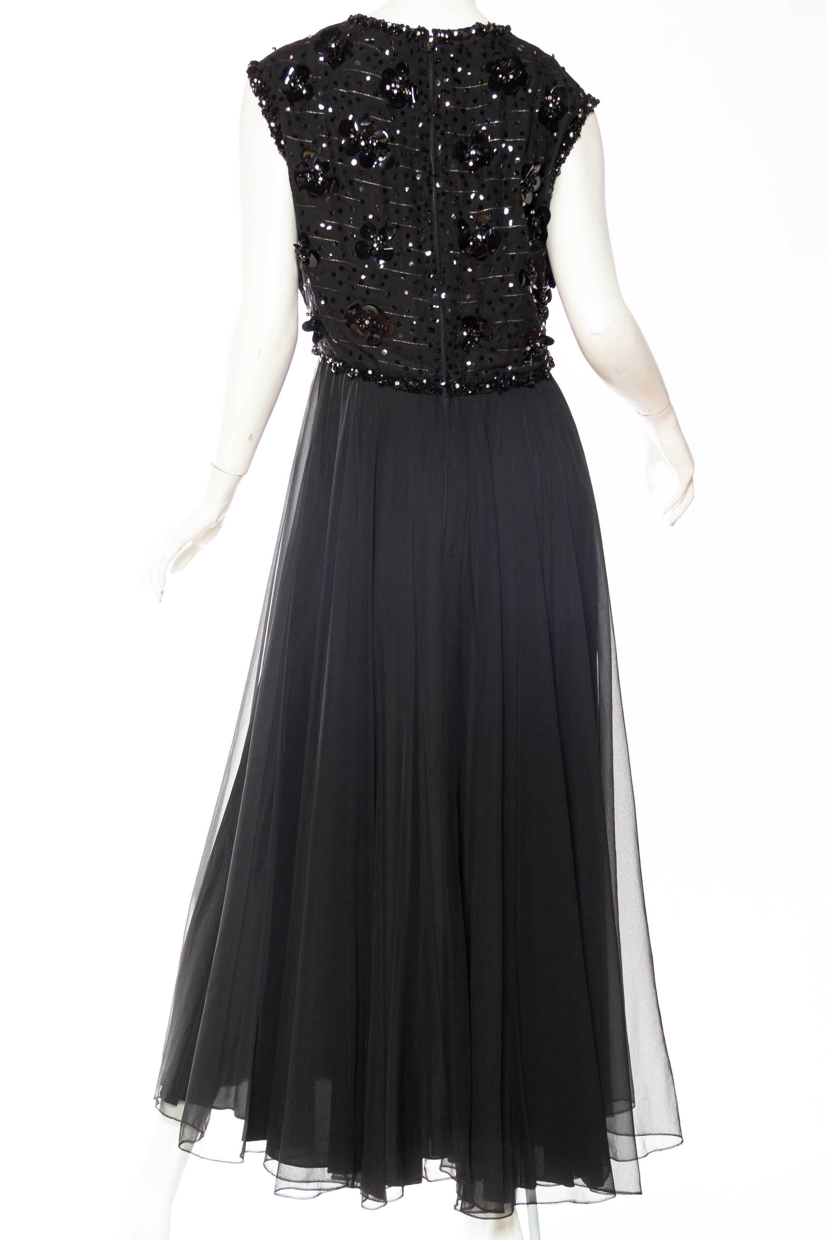 1960S RUTH MCCULLOCH Black Polyester Chiffon Crystal Beaded Dress In Excellent Condition For Sale In New York, NY