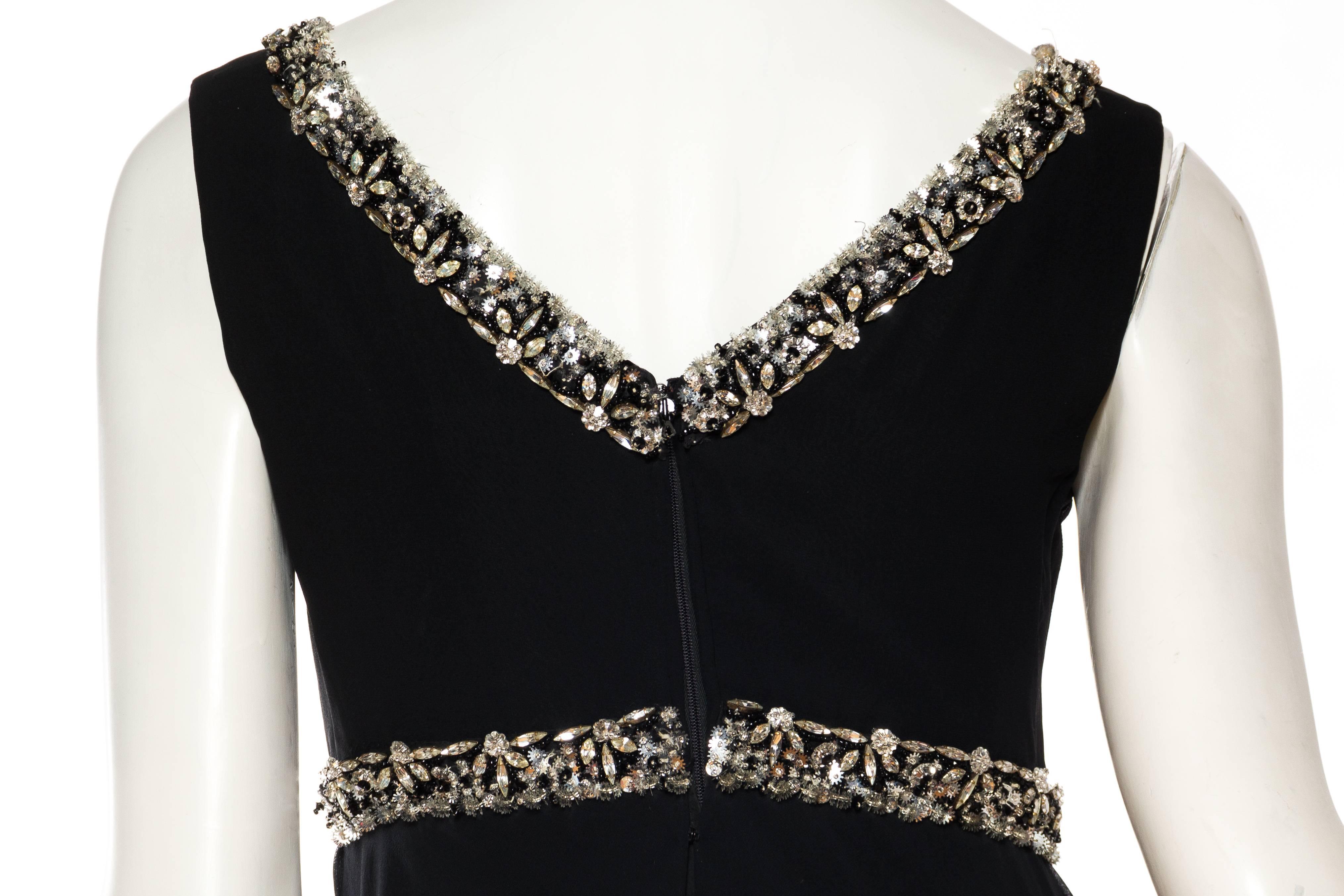 1970S RETY OF PARIS Black Haute Couture Silk Chiffon Crystal Beaded Empire Wais 1