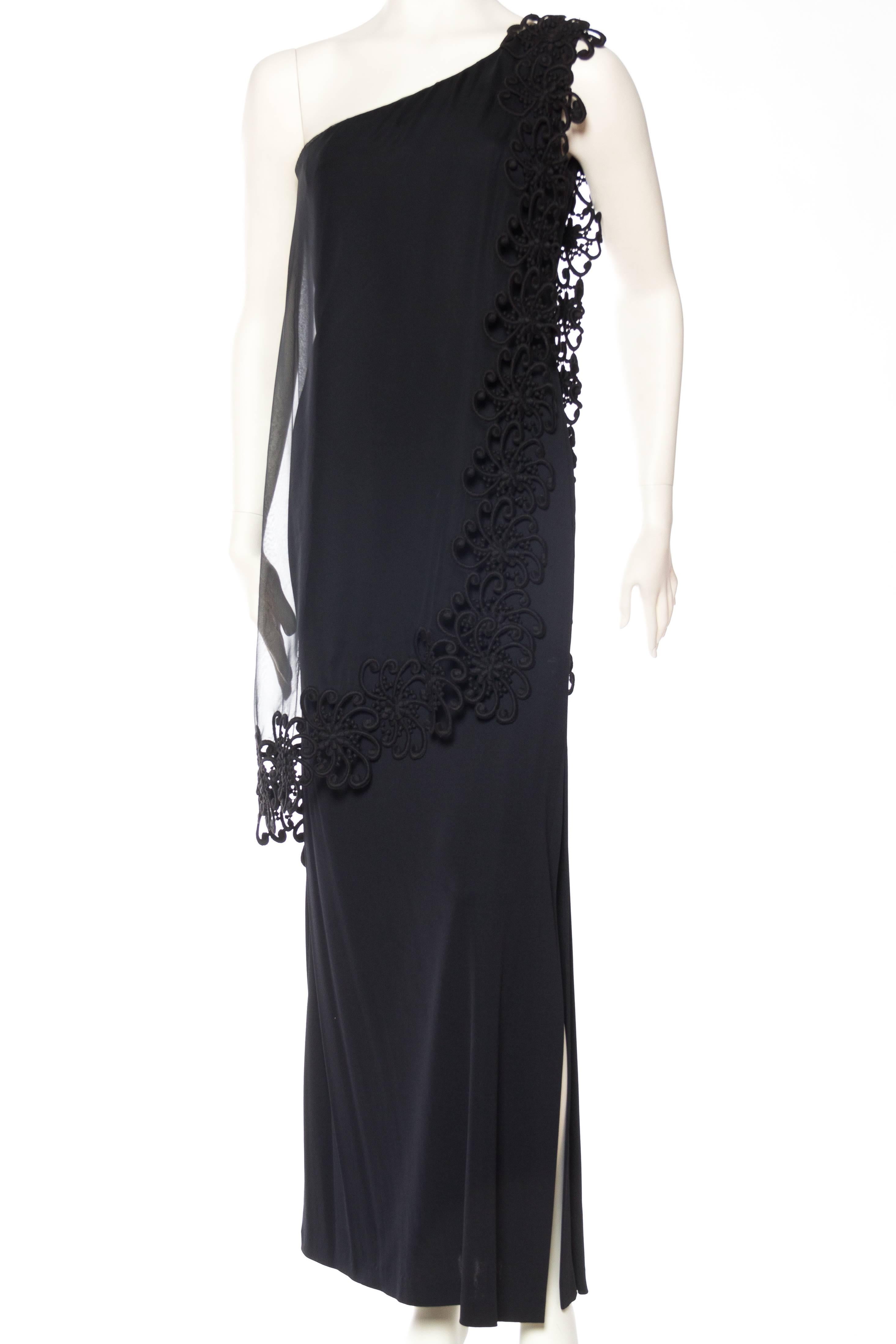 Black 1960s Mod Lace Trimmed Gown with Sheer Chiffon Overlay