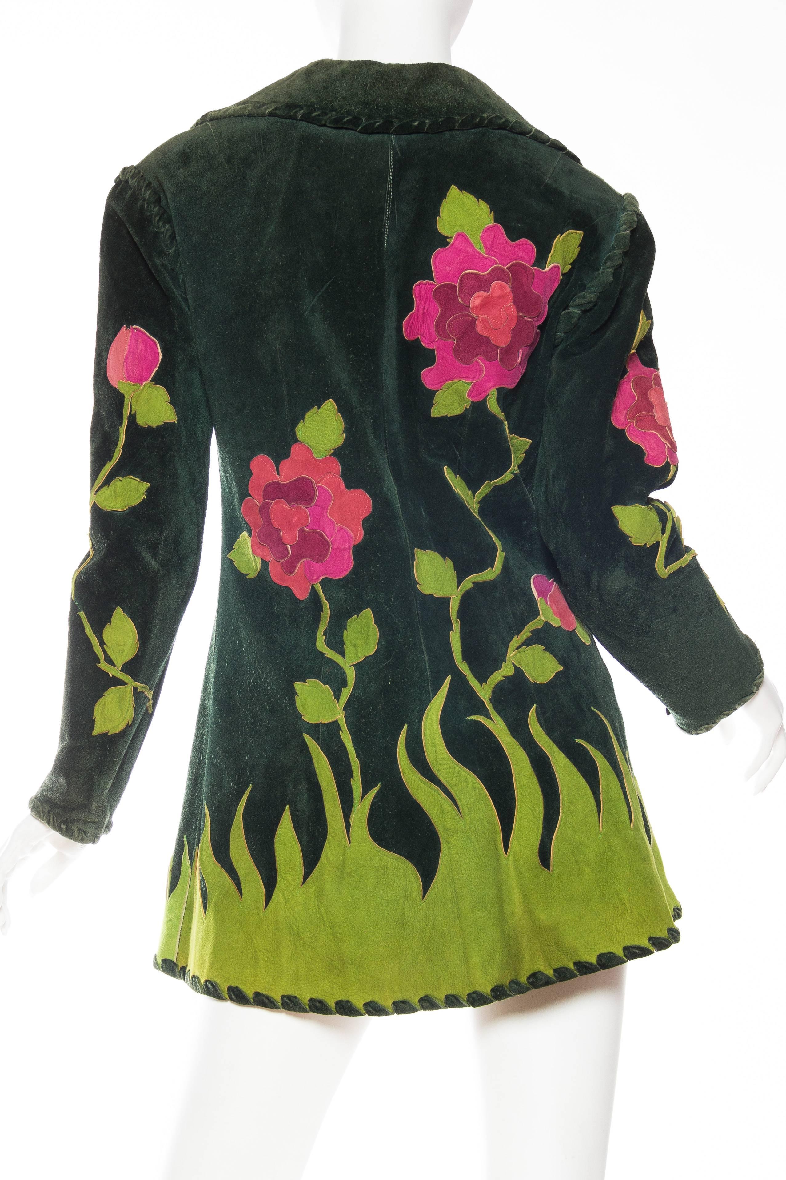 1960s  Gucci style 1970s Suede Jacket with Rose Appliques 1