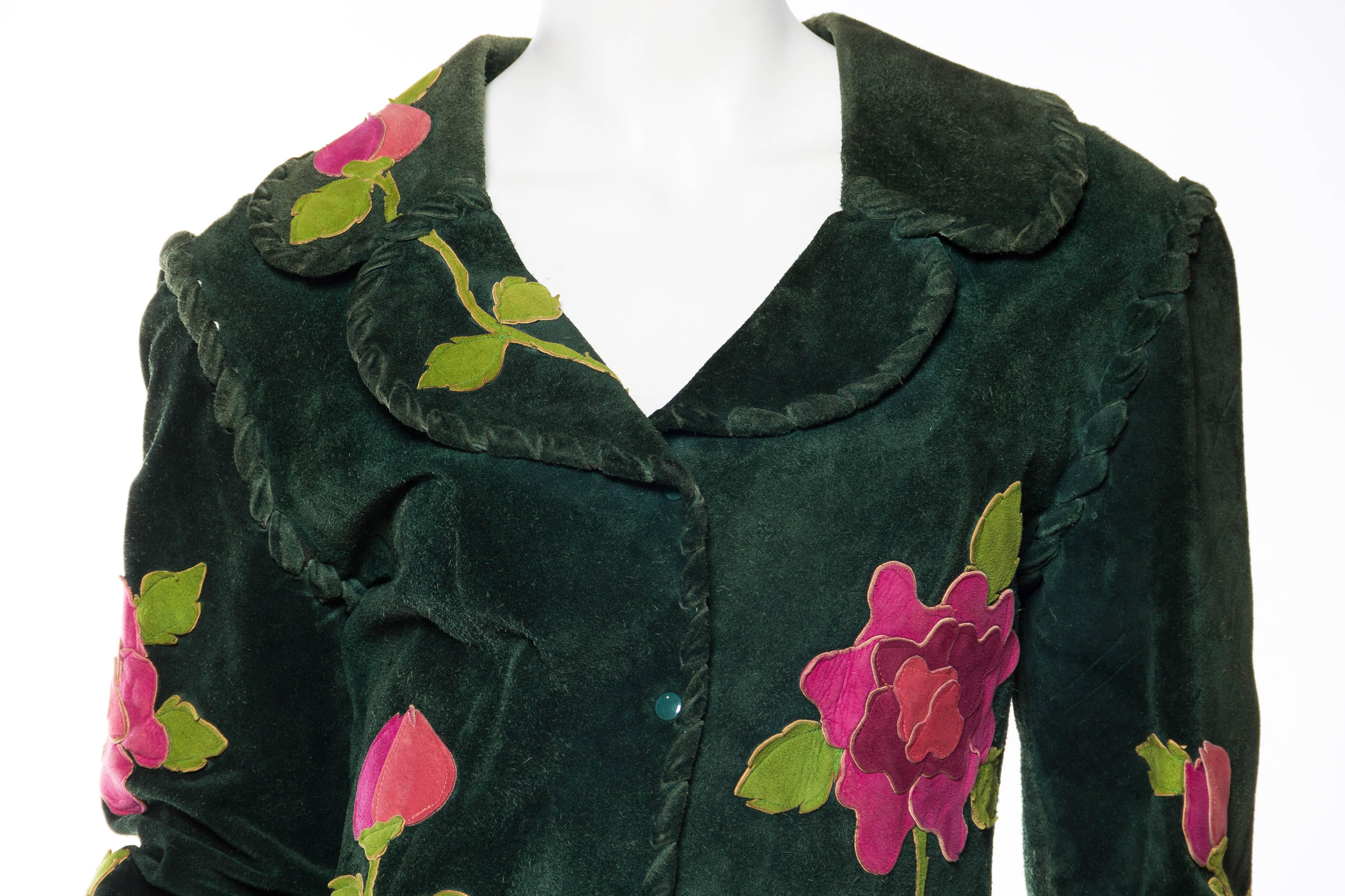 1960s  Gucci style 1970s Suede Jacket with Rose Appliques 2