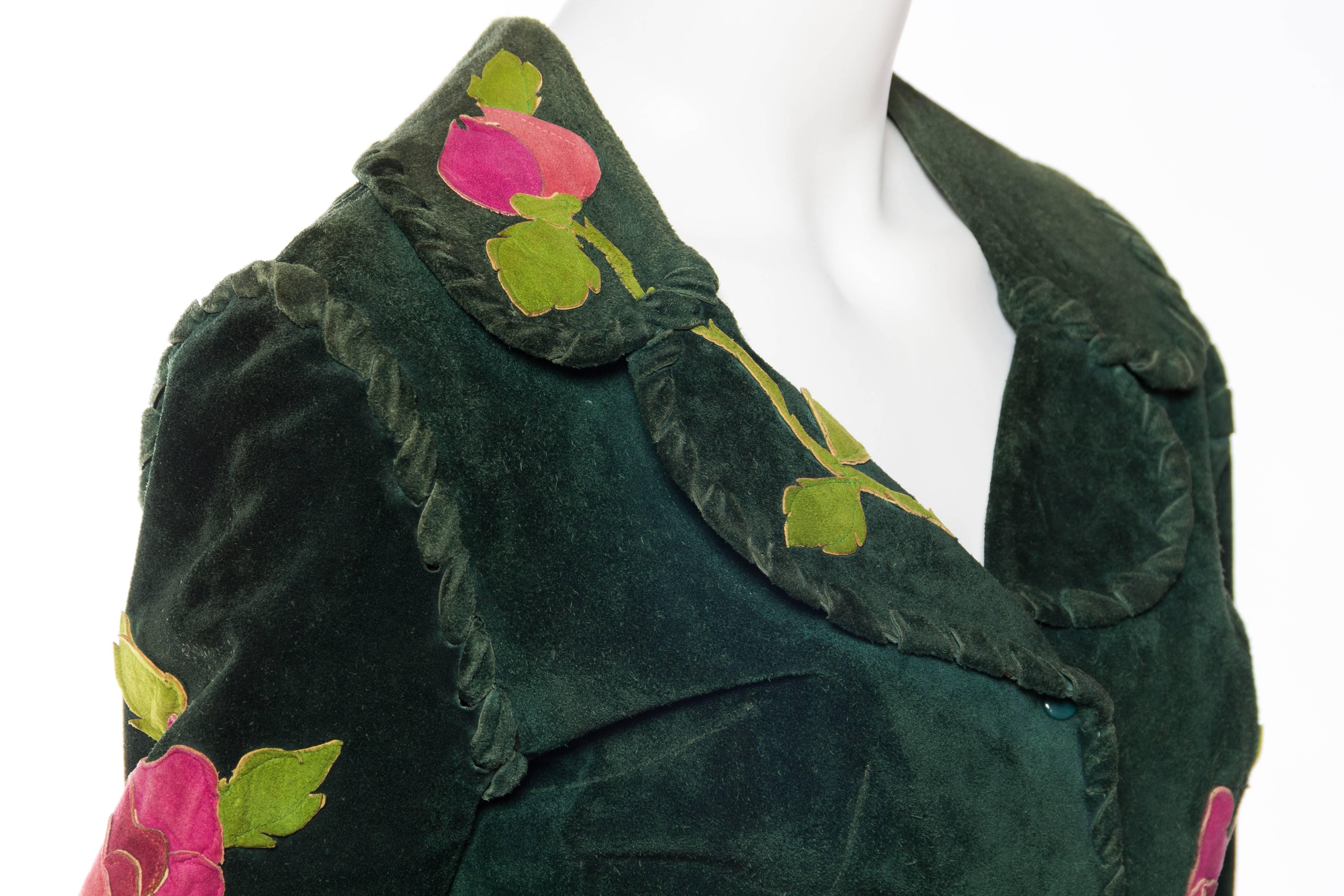 1960s  Gucci style 1970s Suede Jacket with Rose Appliques 3