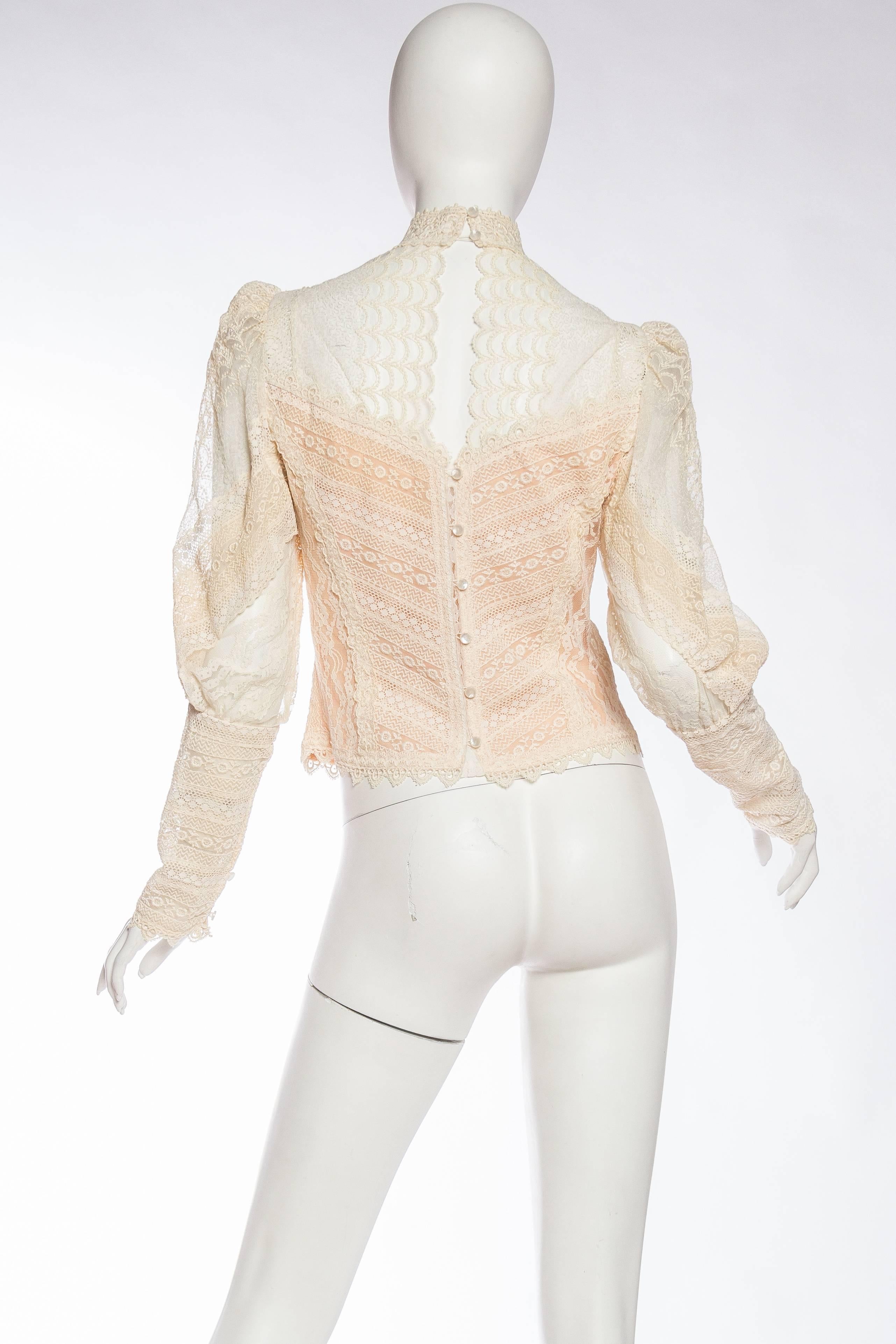 Beige 1970s Victorian Style Lace Blouse