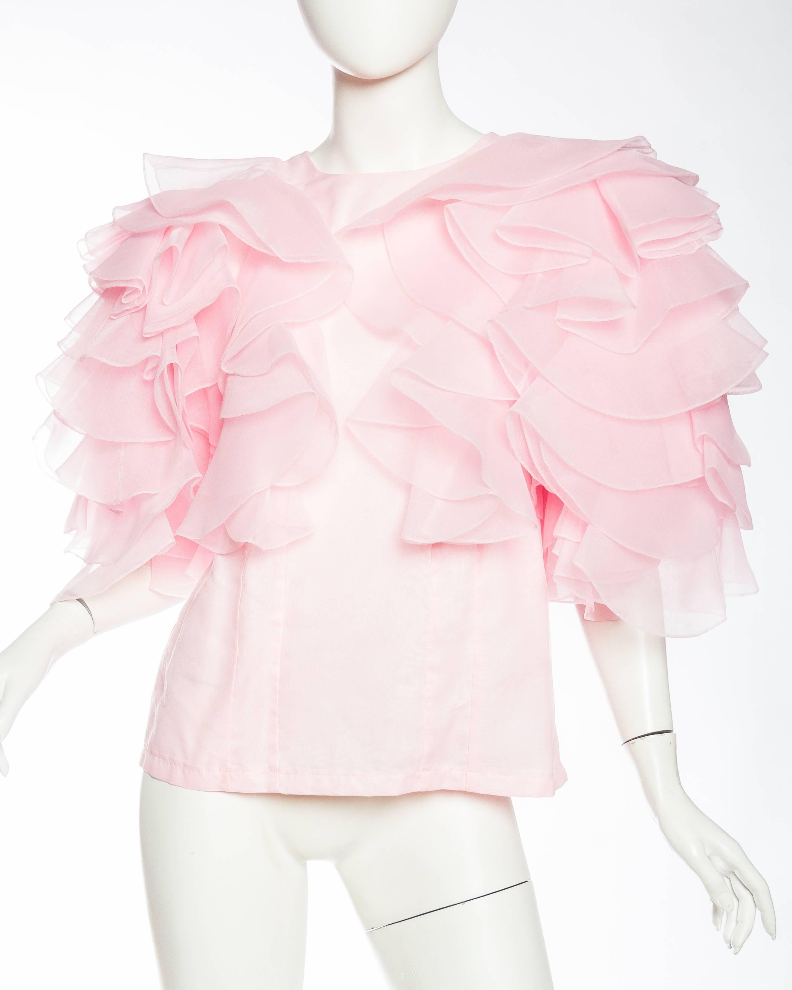 Pink Organza Ruffled Blouse In Excellent Condition In New York, NY