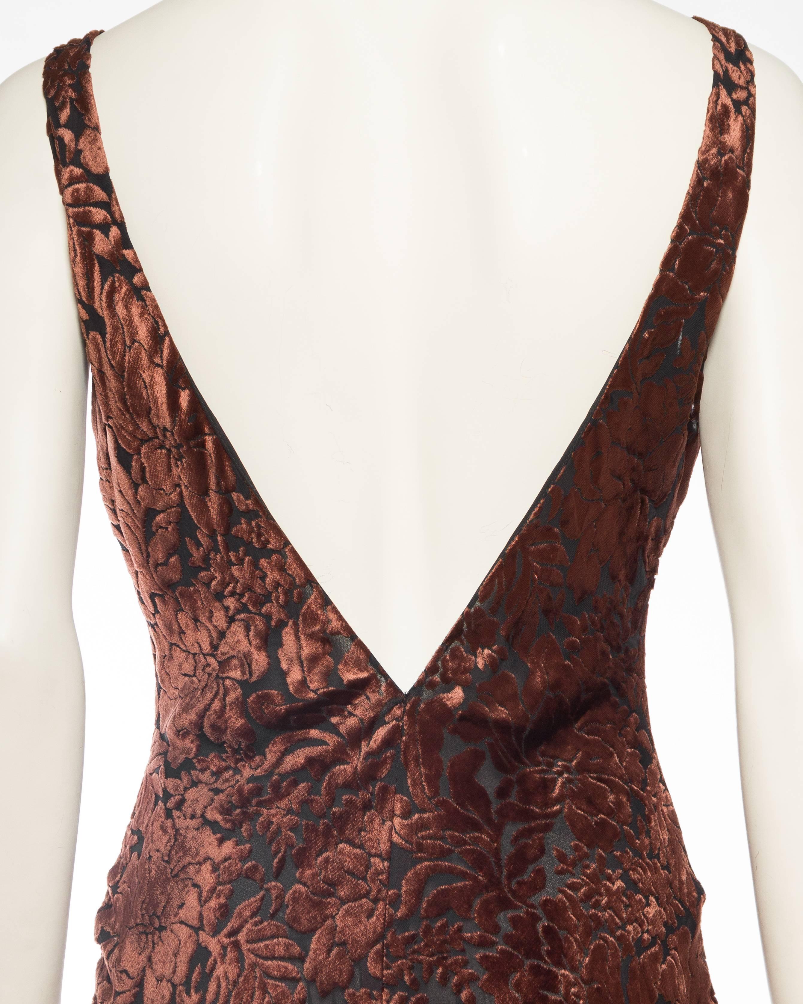 Women's 1990S CARMEN MARC VALVO Chocolate Brown & Black Rayon Silk Burnout Velvet Backl For Sale