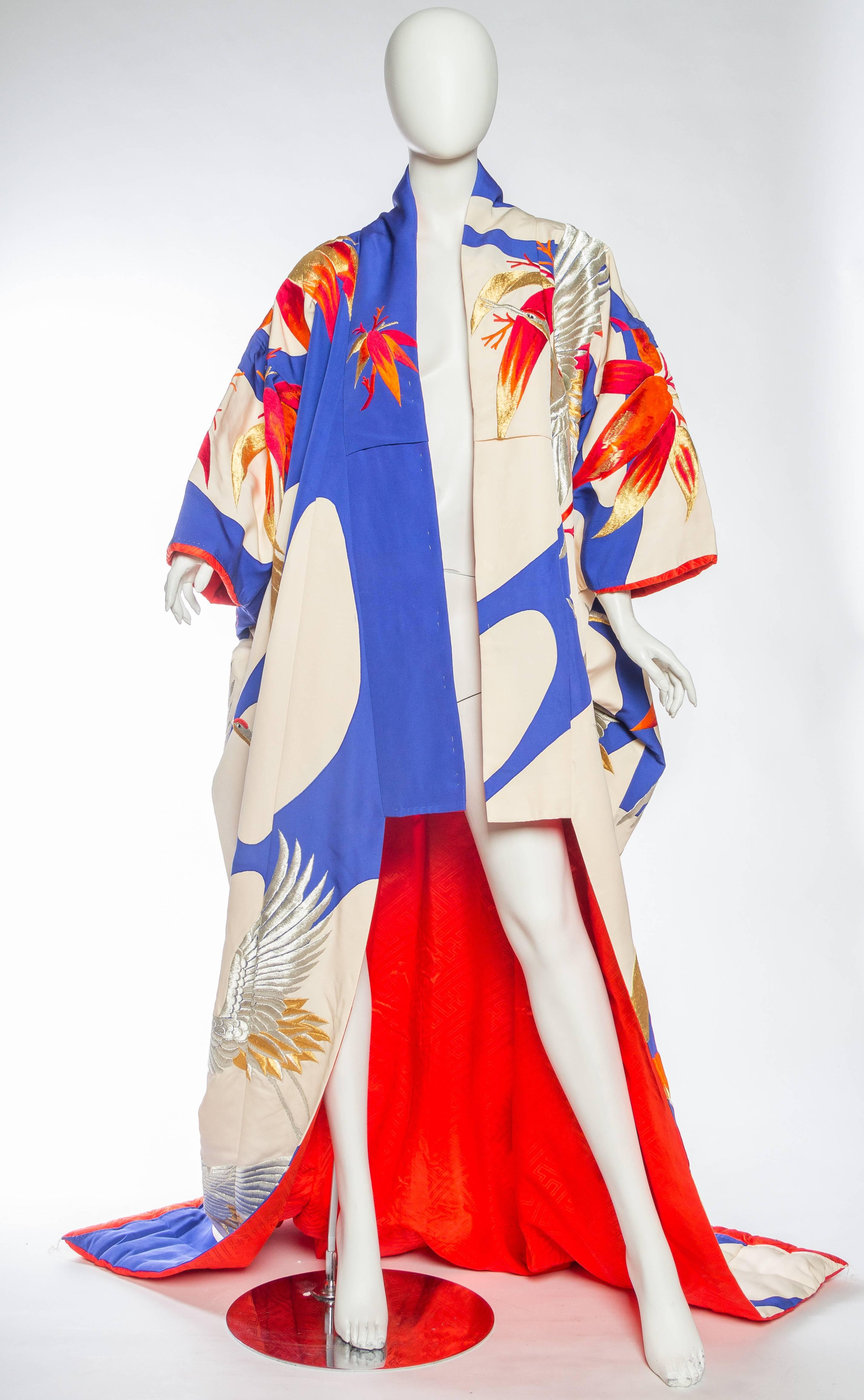 Red Japanese Kimono Embroidered with Gold and Silver Cranes