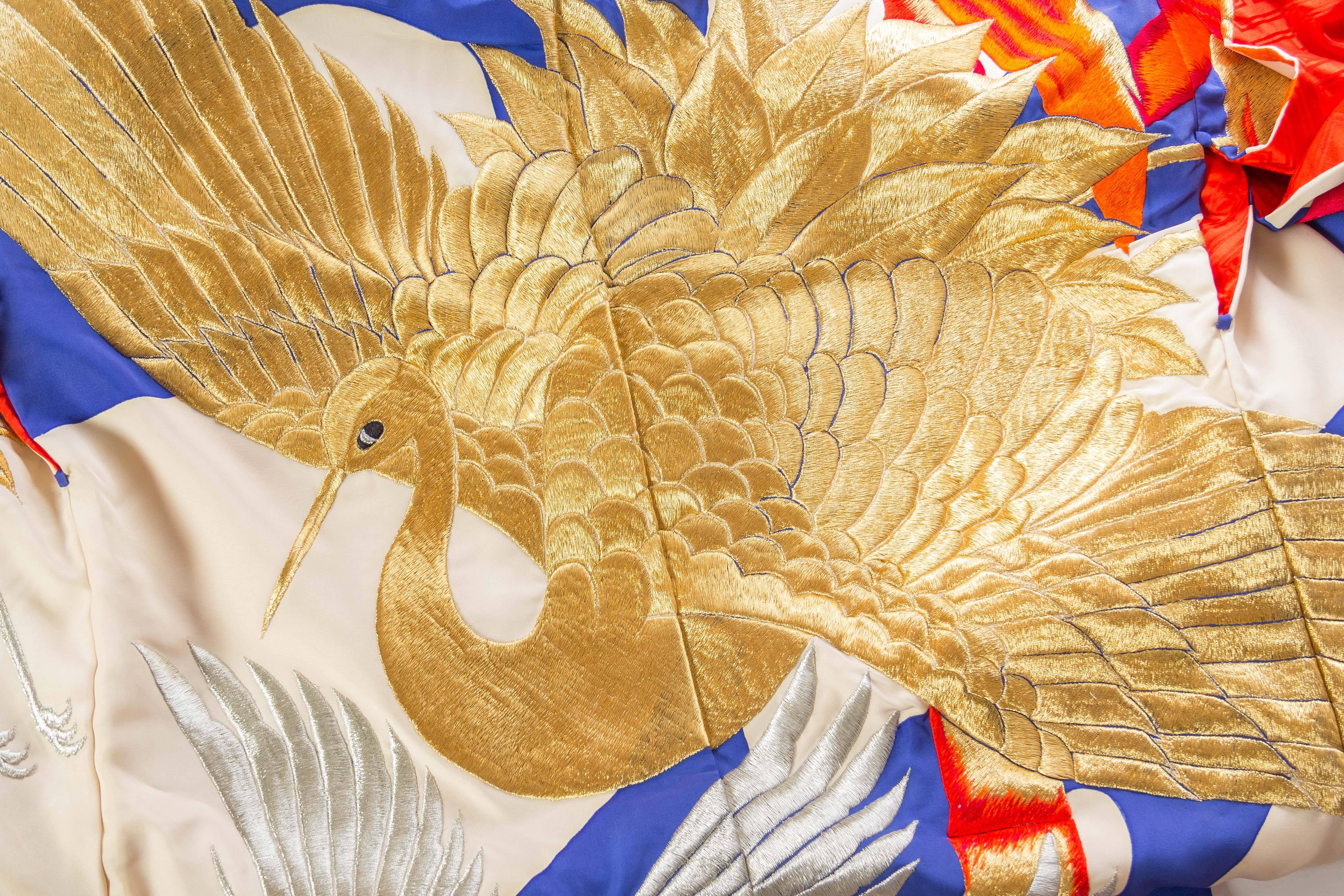 Japanese Kimono Embroidered with Gold and Silver Cranes 6