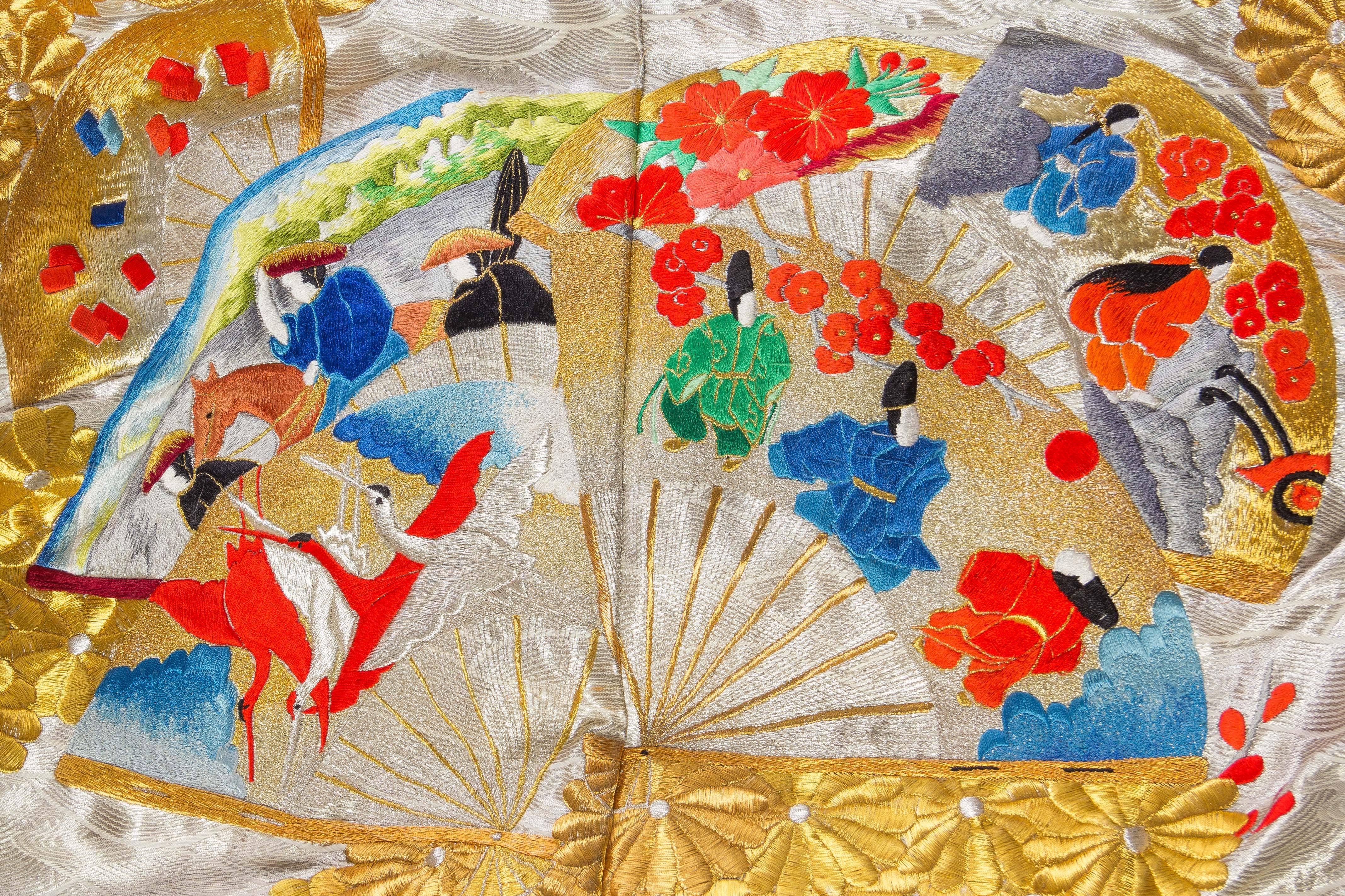 Japanese Kimono Embroidered with Dancing Figures and Fans 6