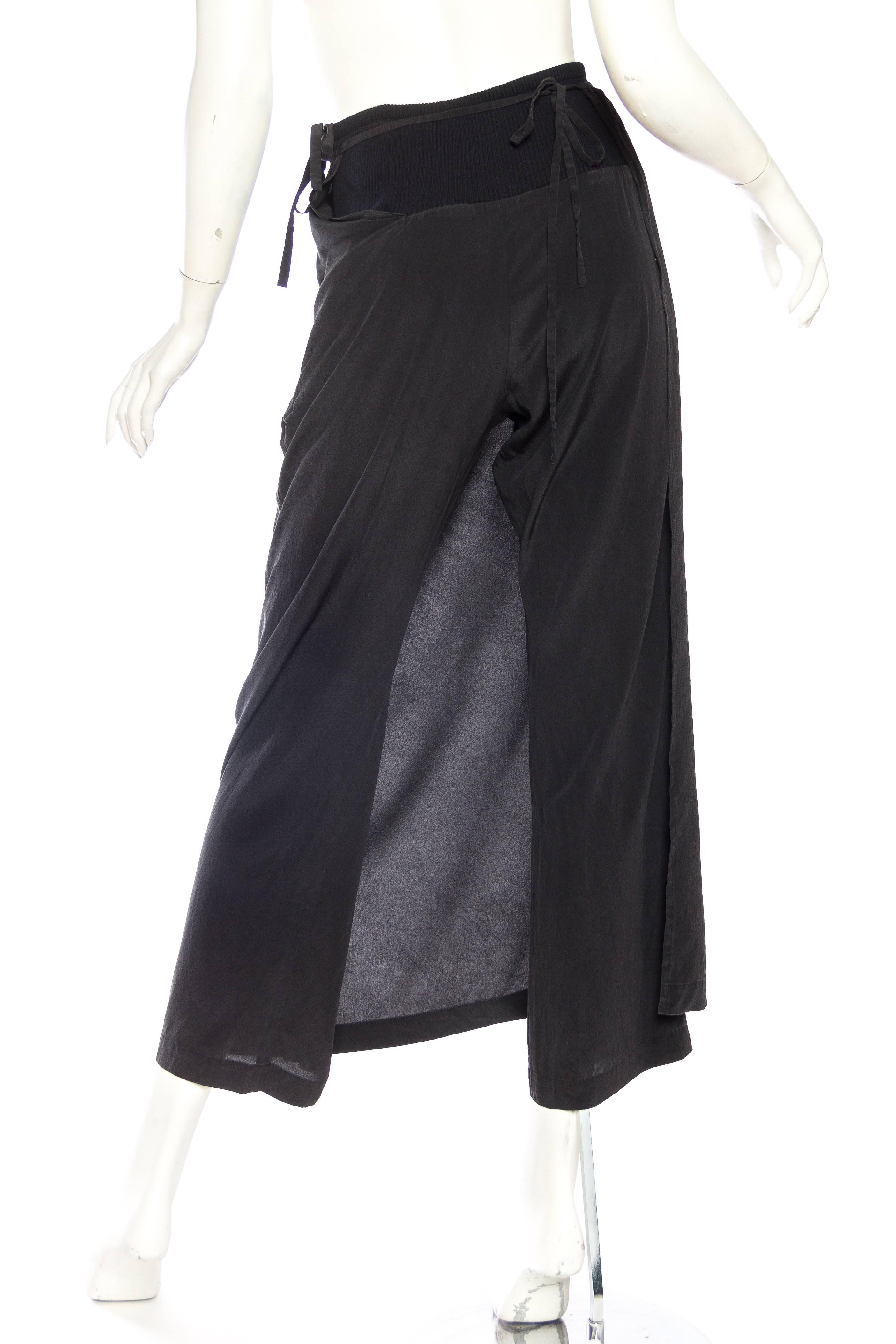1990S YOHJI YAMAMOTO Black Silk Wide Leg Pants With One Wrap Skirt In Excellent Condition In New York, NY