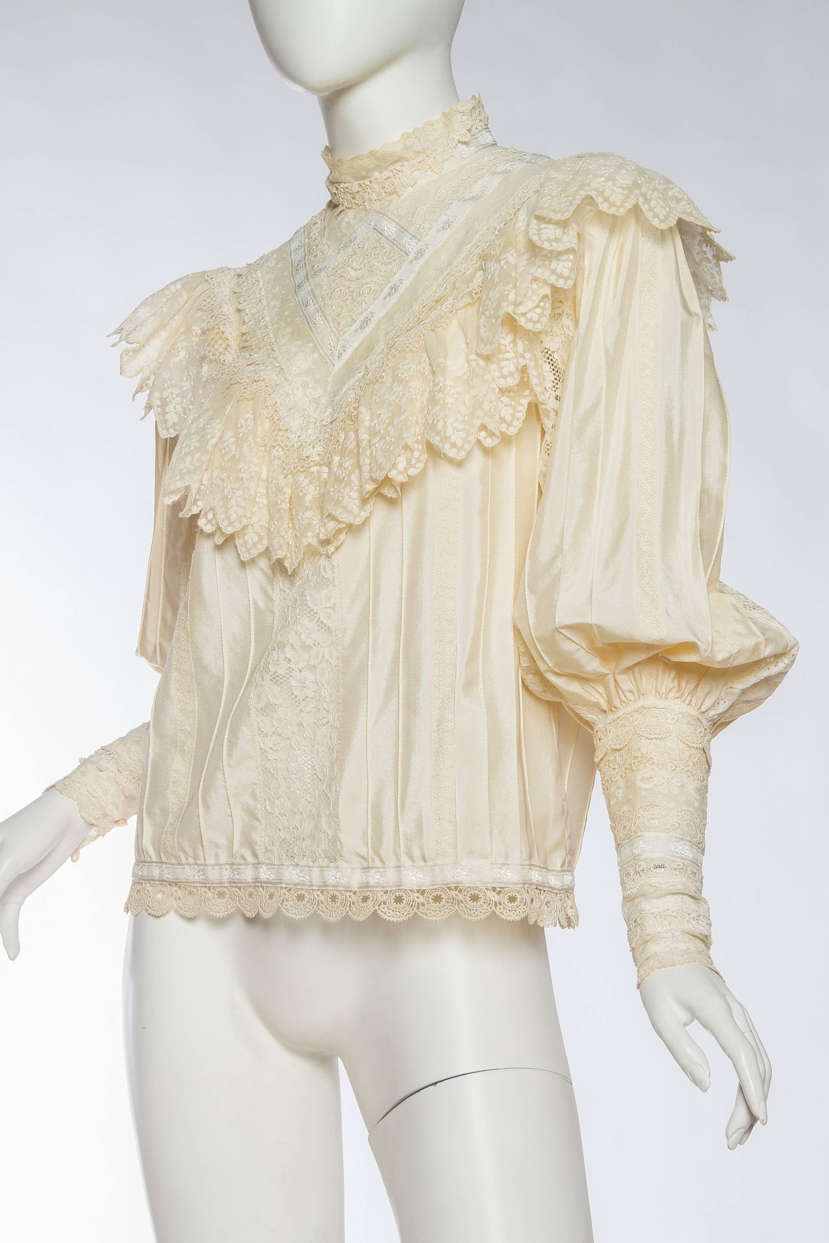 Beige 1970s Victoriana Blouse made from Antique Lace