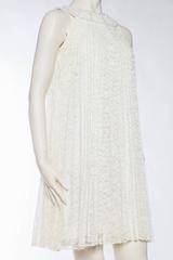 1960S White Pleated Rayon & Nylon Lace Mod Cocktail Dress With Crystal Neckline