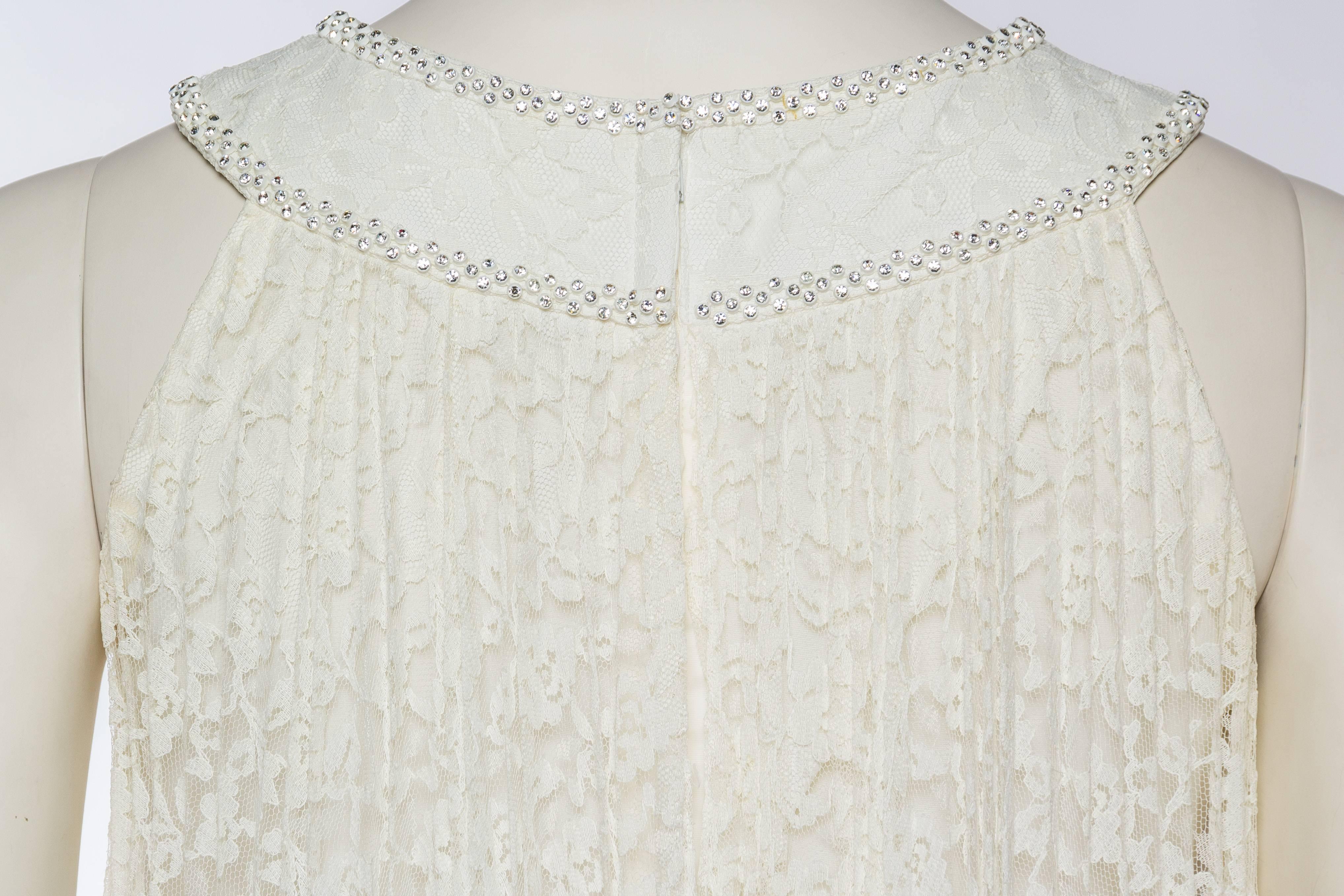 1960S White Pleated Rayon & Nylon Lace Mod Cocktail Dress With Crystal Neckline For Sale 3