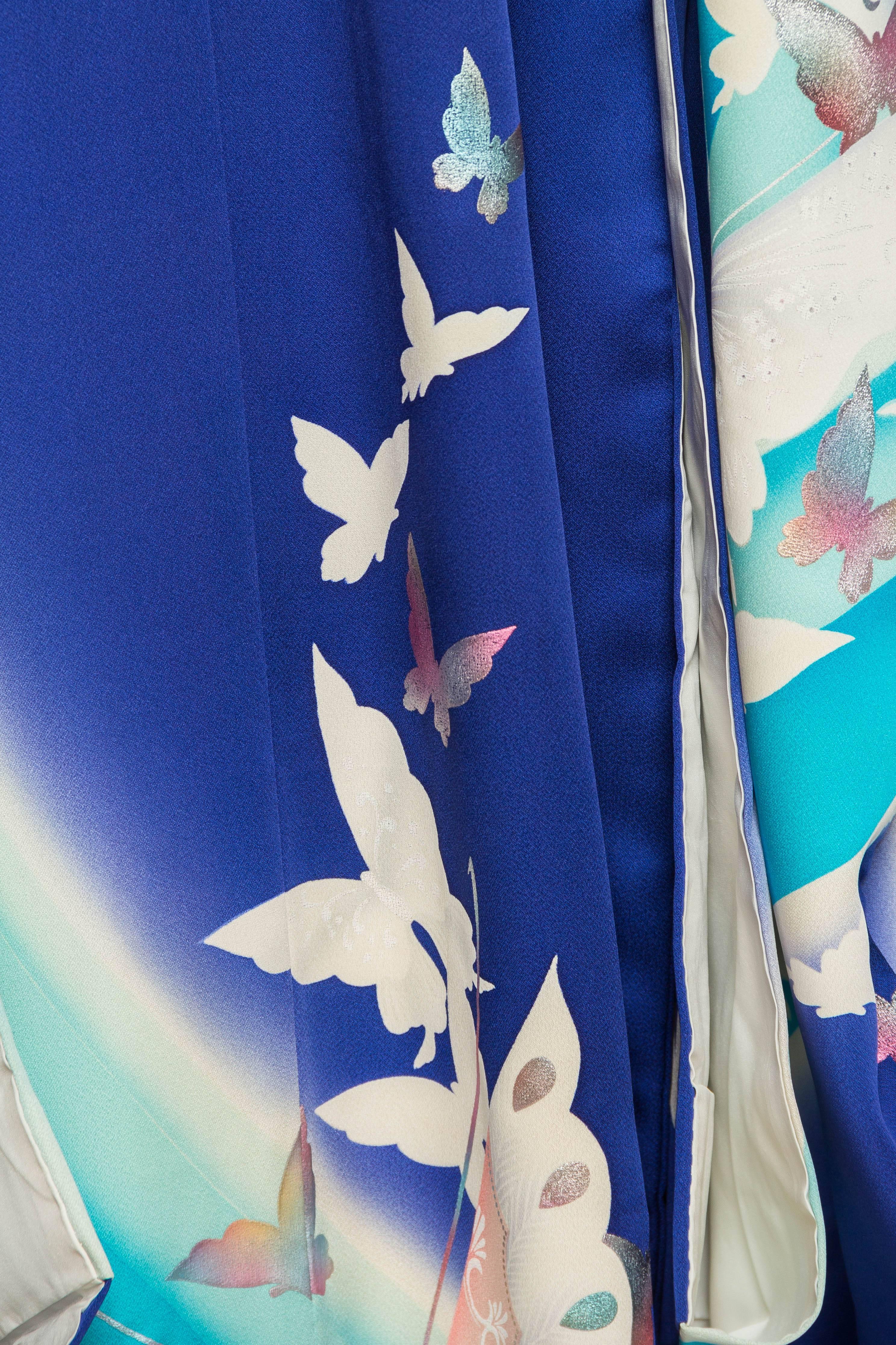 1940S Blau Teal Seide Kimono mit Schmetterling Druck im Angebot 6