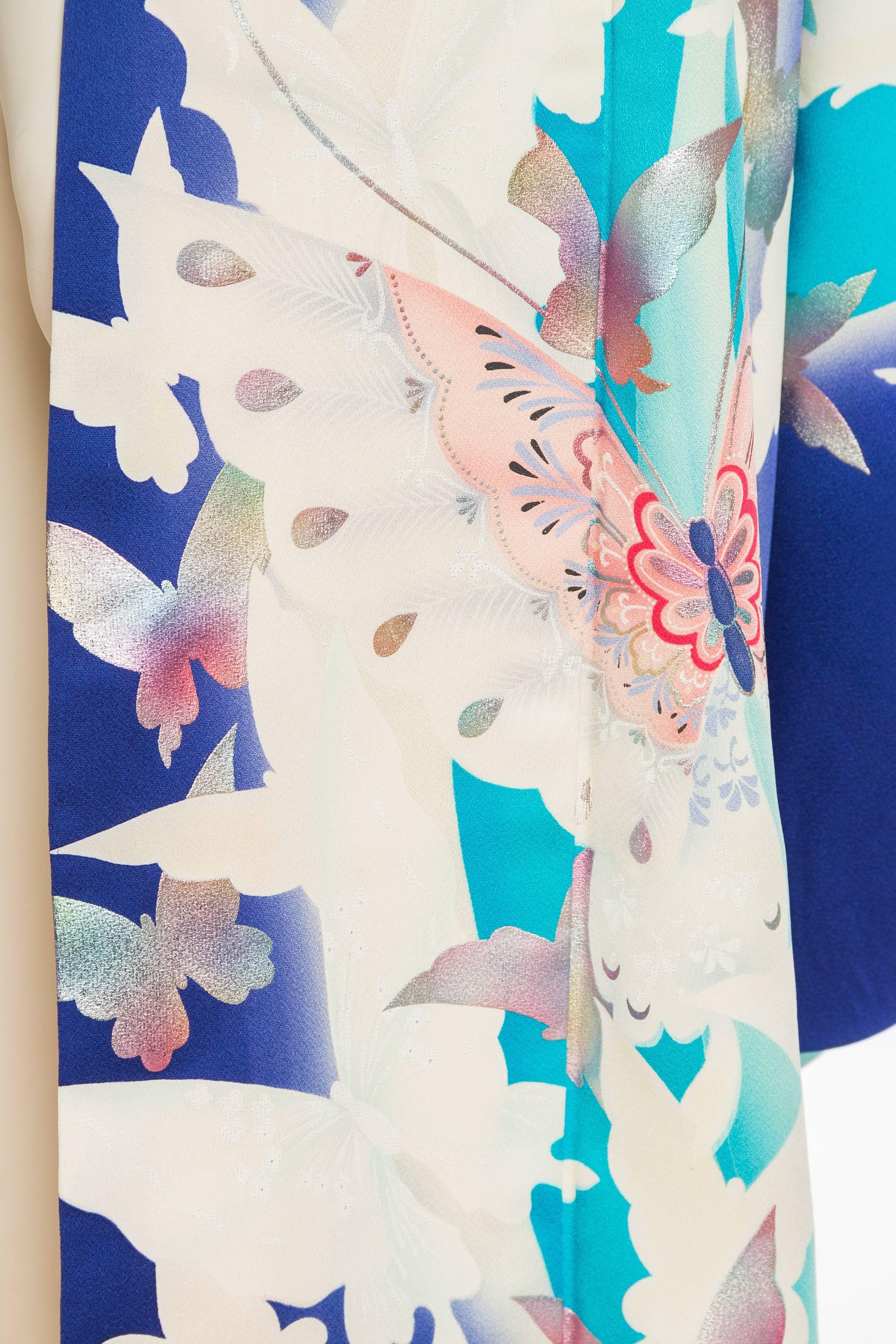 1940S Blau Teal Seide Kimono mit Schmetterling Druck im Angebot 7