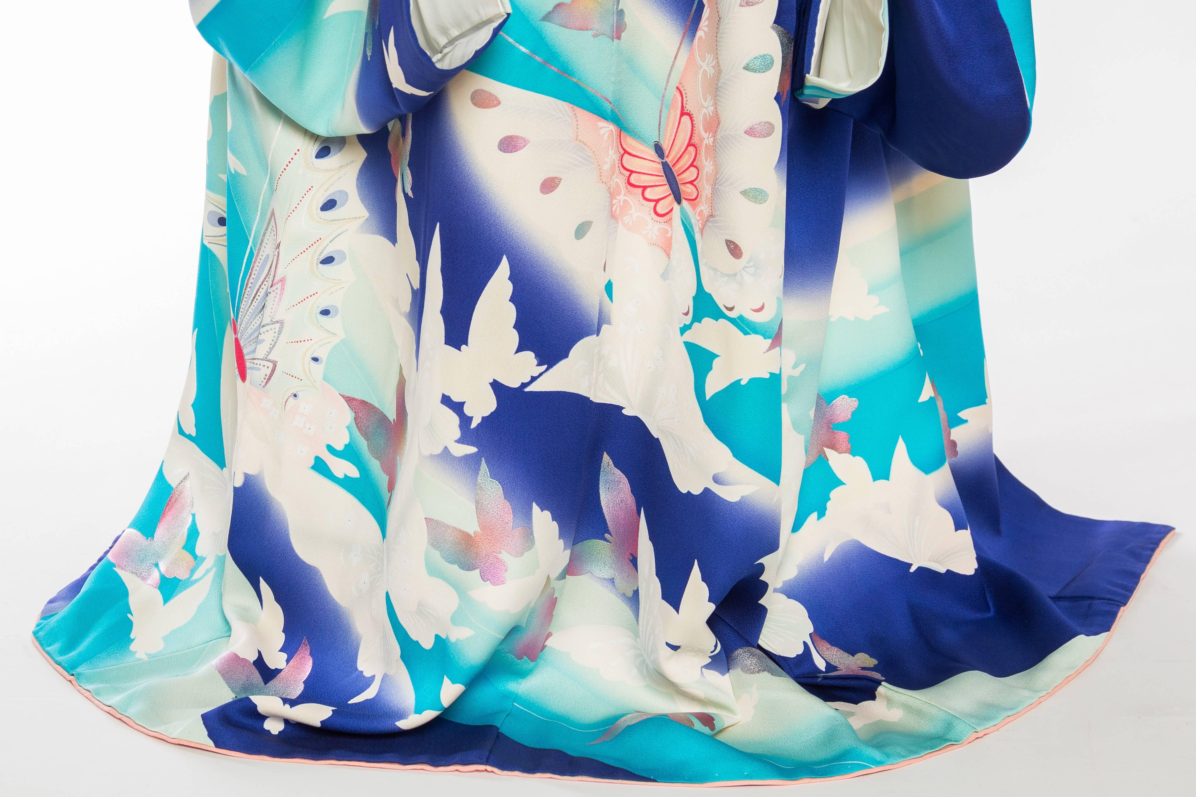 1940S Blau Teal Seide Kimono mit Schmetterling Druck im Angebot 5