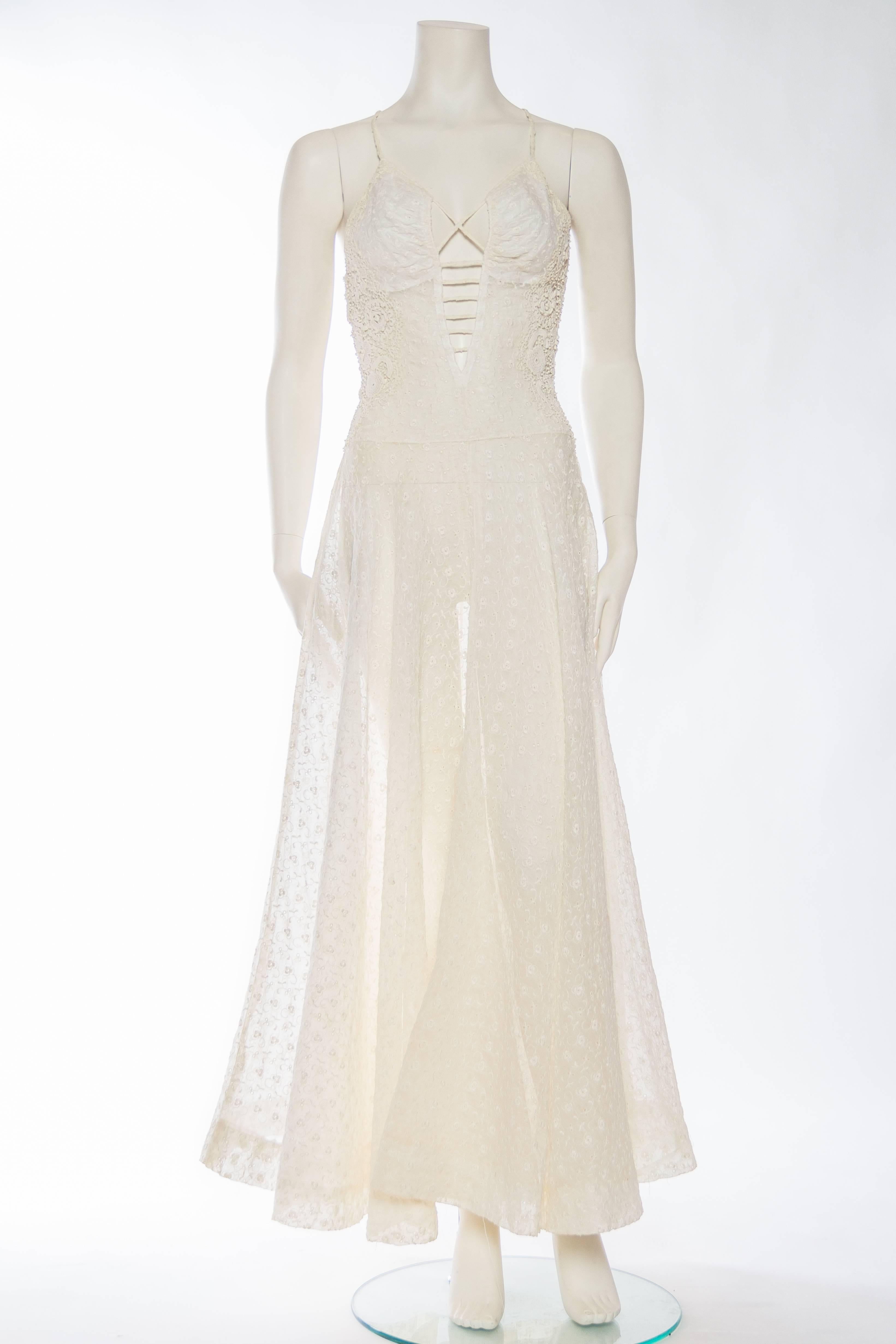 Beige Rebuilt 1930s Embroidered Organdy and Victorian Lace Gown