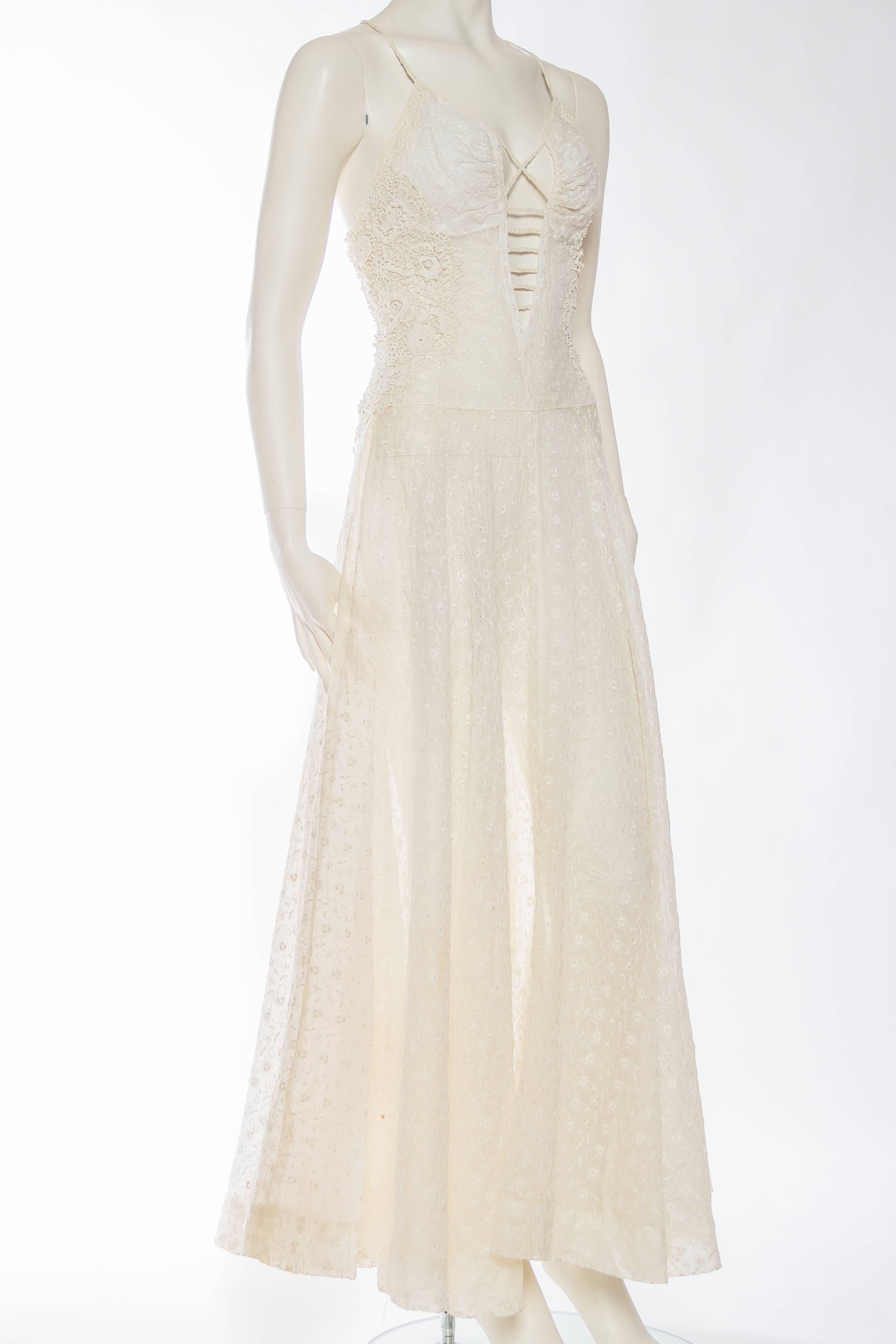 Rebuilt 1930s Embroidered Organdy and Victorian Lace Gown In Excellent Condition In New York, NY