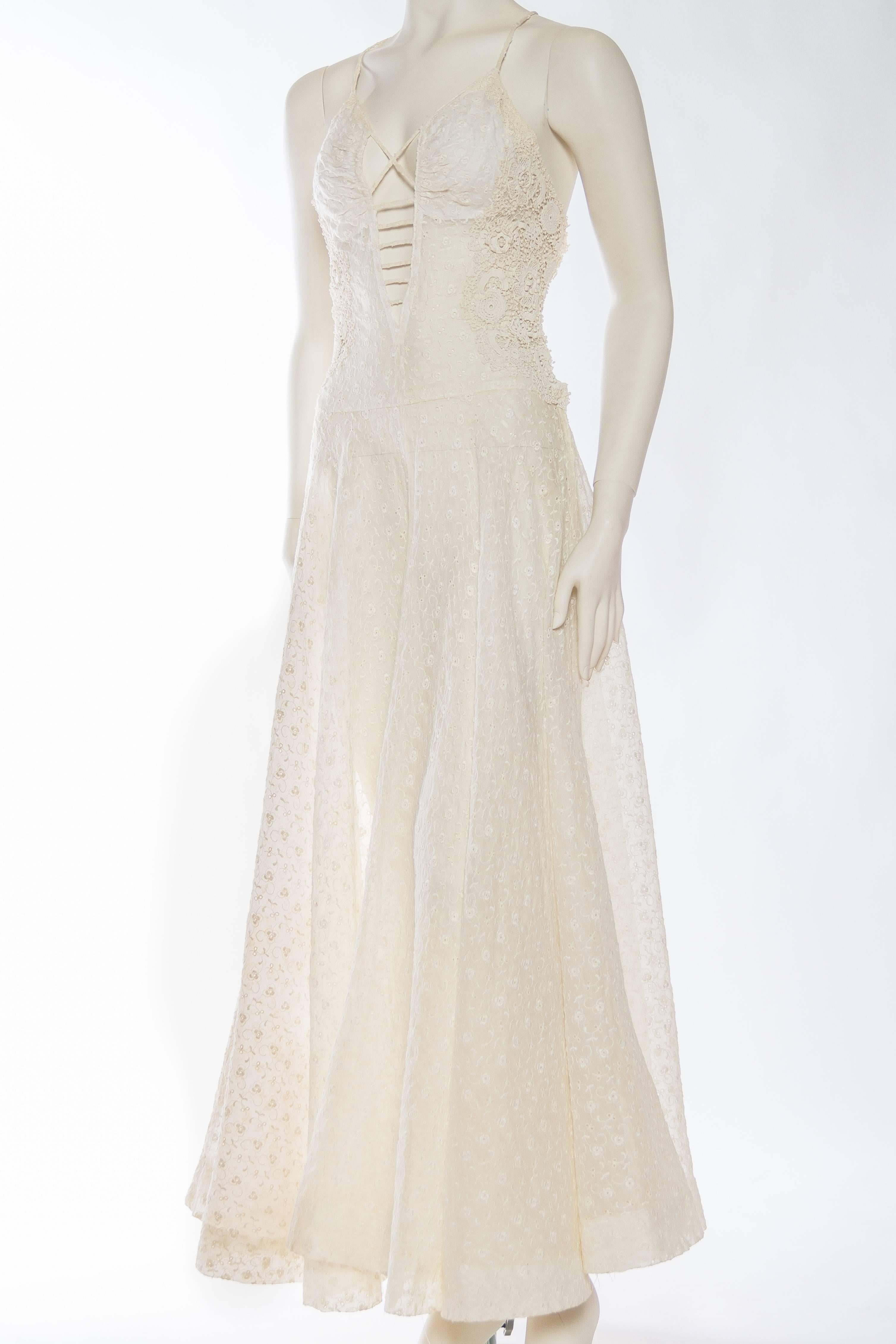 Women's Rebuilt 1930s Embroidered Organdy and Victorian Lace Gown
