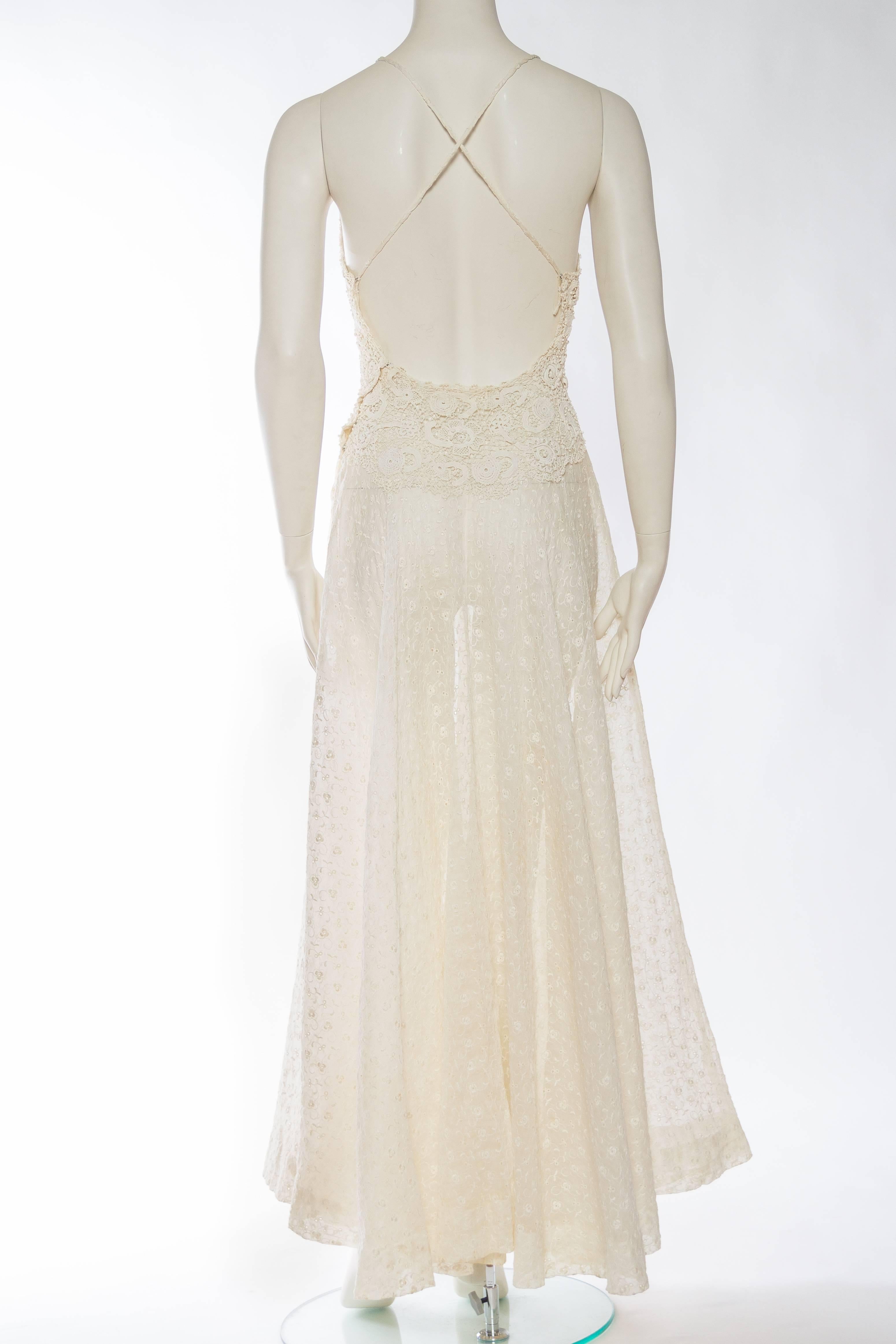 Rebuilt 1930s Embroidered Organdy and Victorian Lace Gown 1