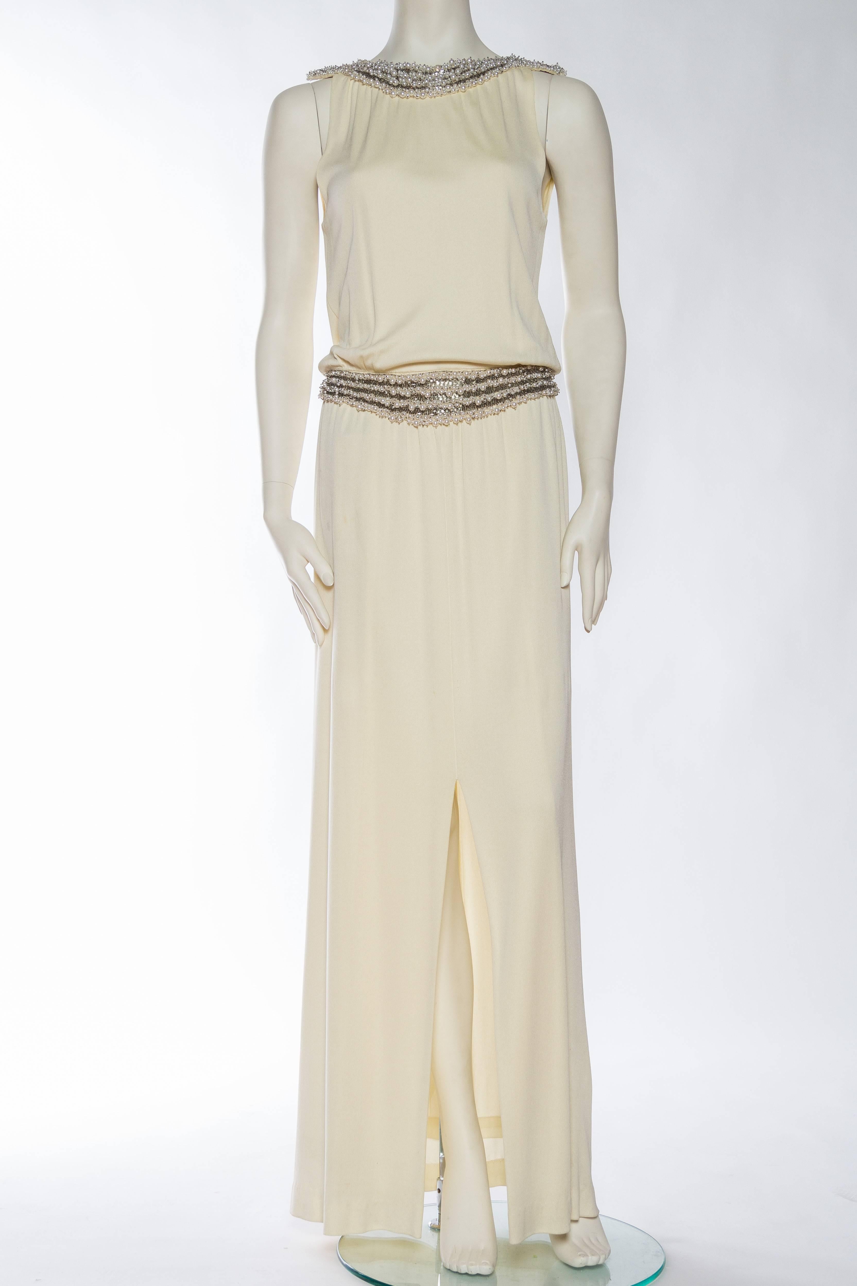 Beige 1970S Ivory Silk Jersey Gown With Crystal & Pearl Beading For Sale