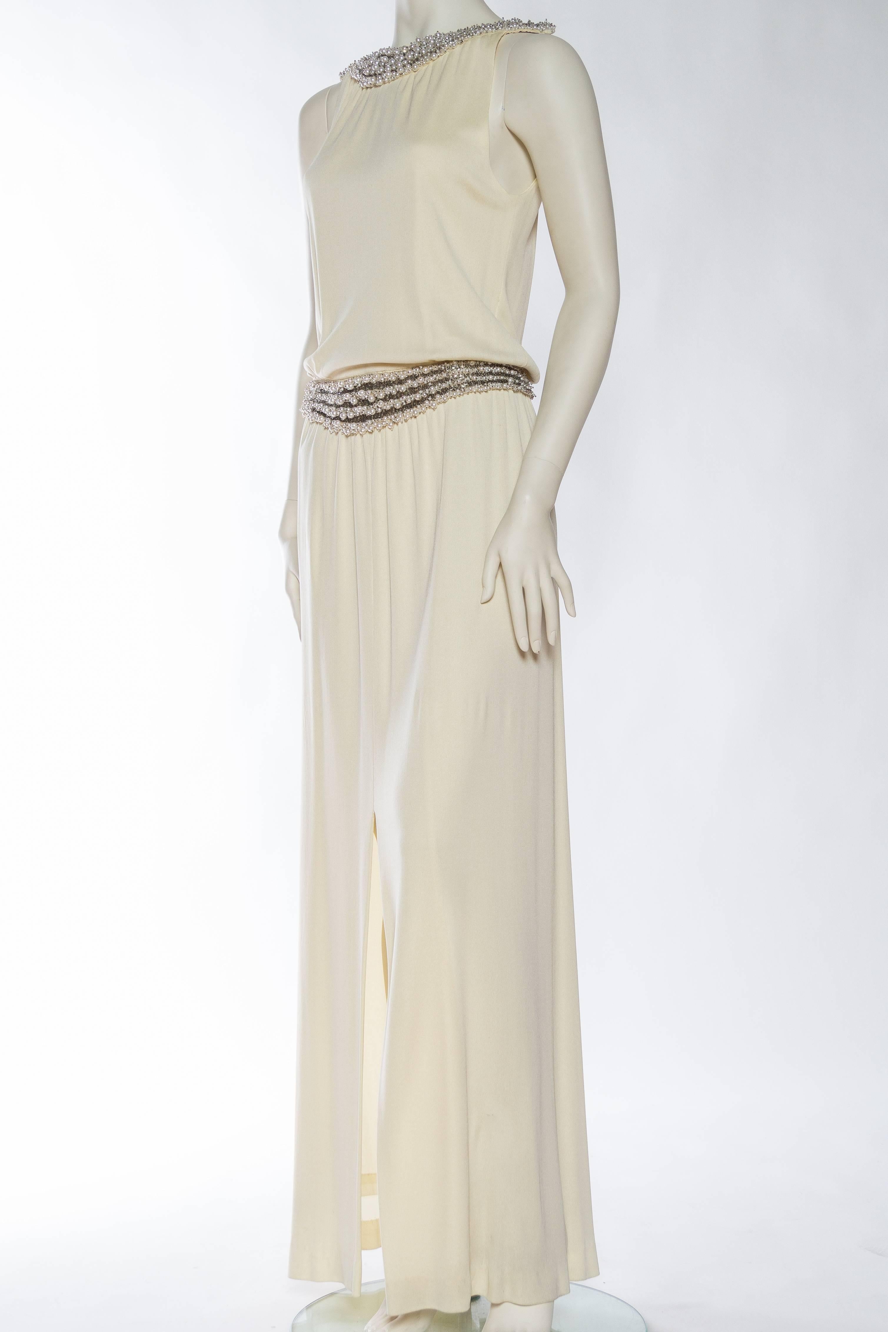 Women's 1970S Ivory Silk Jersey Gown With Crystal & Pearl Beading For Sale