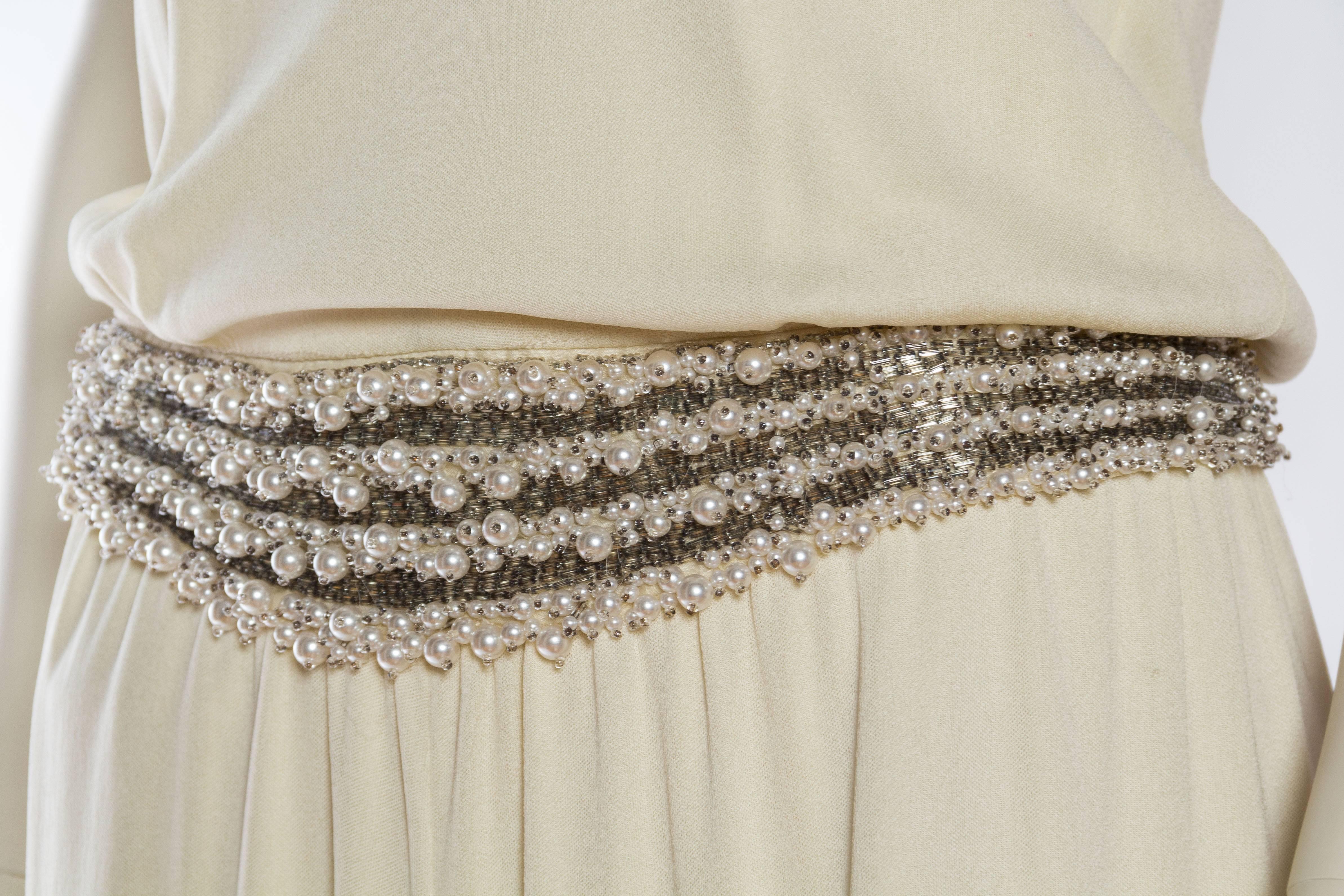 1970S Ivory Silk Jersey Gown With Crystal & Pearl Beading For Sale 3
