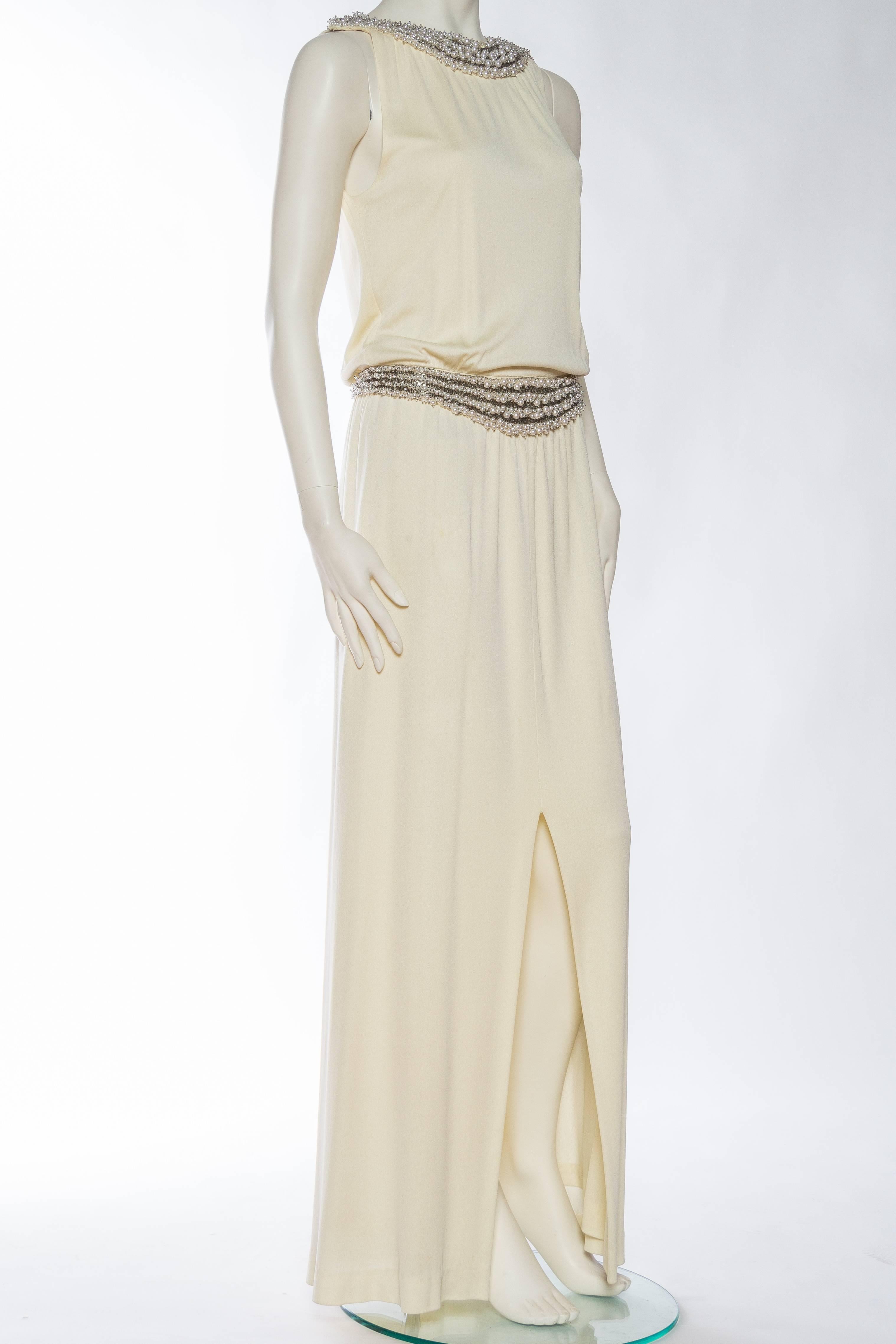 1970S Ivory Silk Jersey Gown With Crystal & Pearl Beading In Excellent Condition For Sale In New York, NY