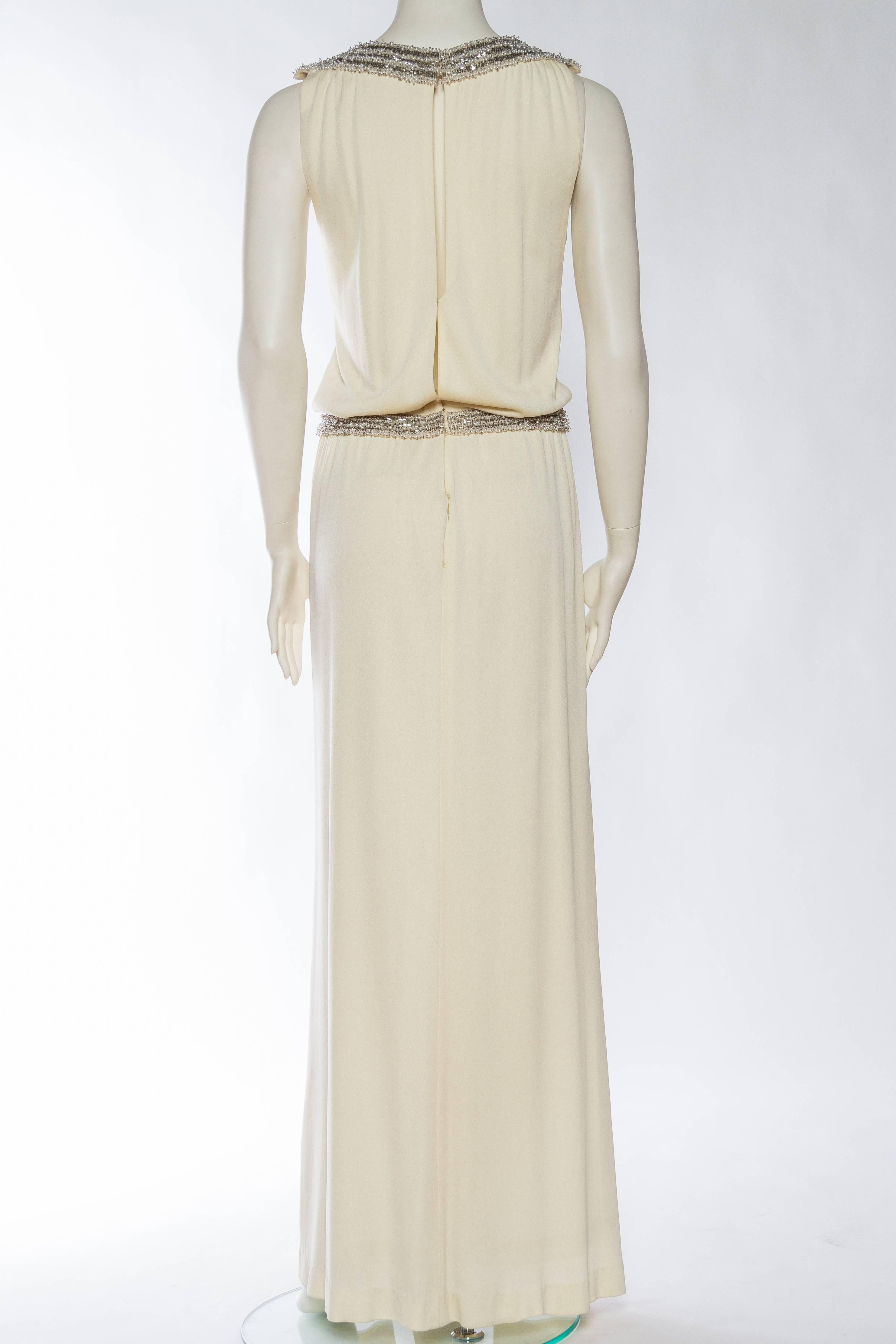 1970S Ivory Silk Jersey Gown With Crystal & Pearl Beading For Sale 1