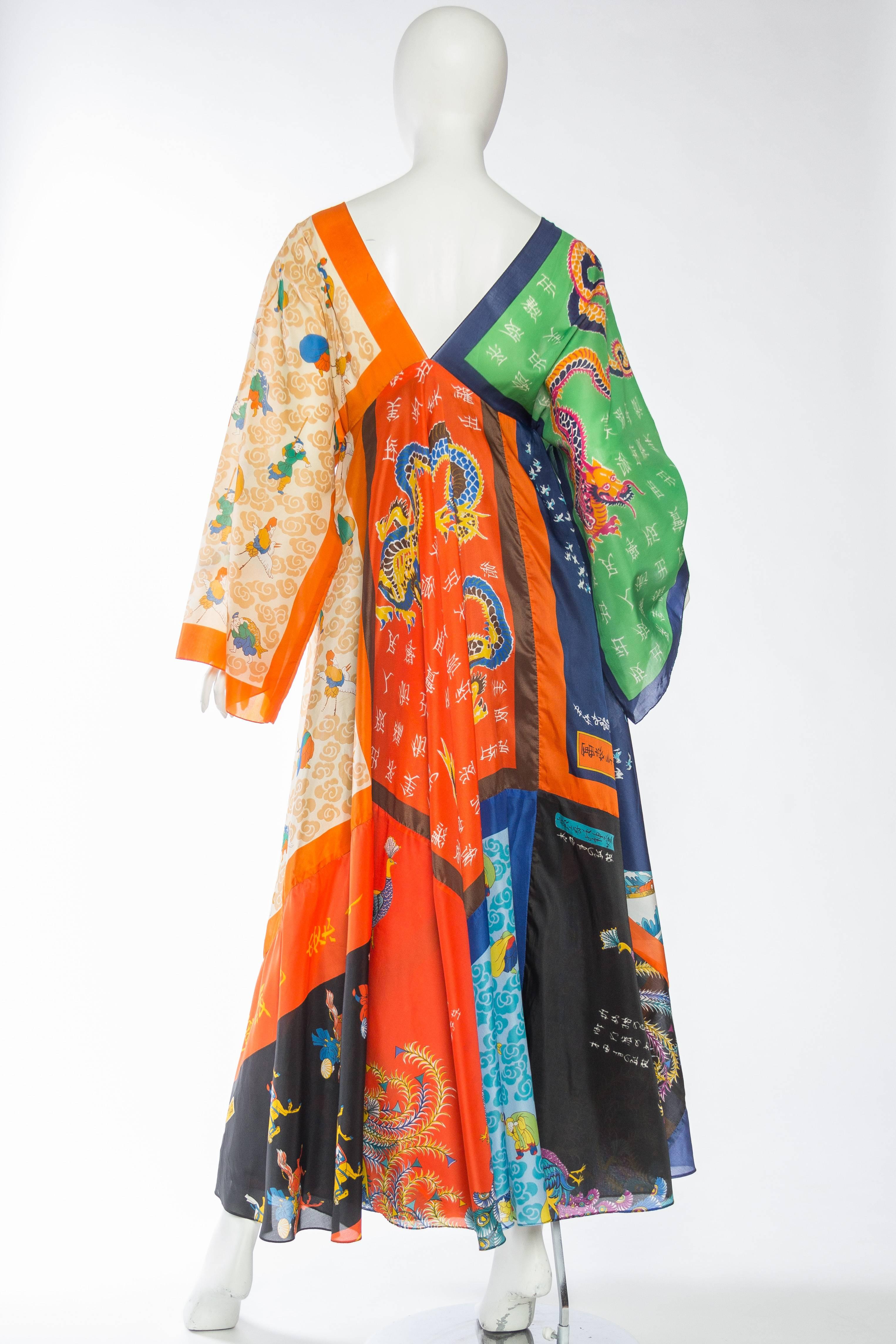 Women's 1970S LA VETTA Polyester Asian Dragon Patchwork Scarf Maxi Dress For Sale